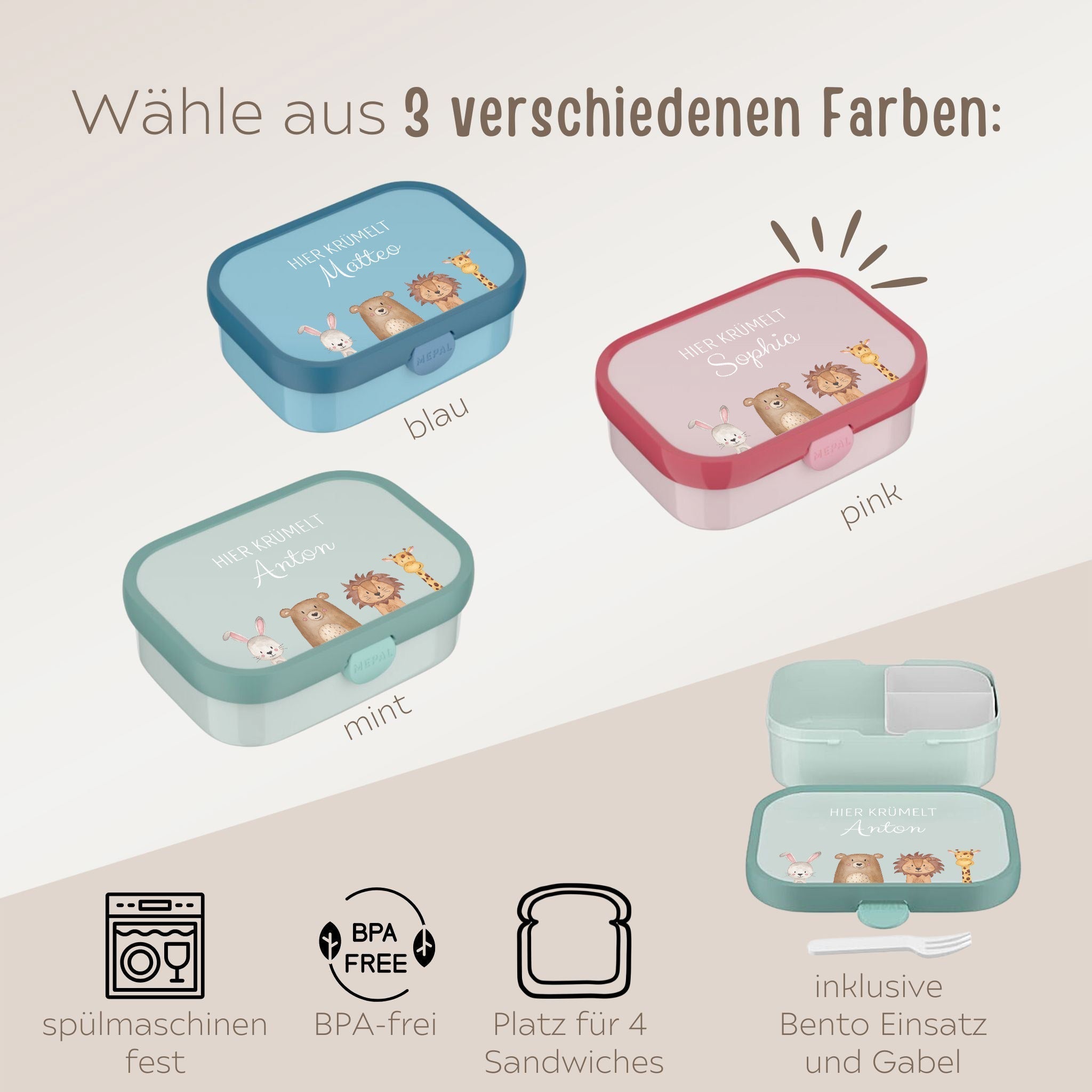MEPAL Brotdose Campus personalisiert mit Bento Einsatz - Tiere unten Girlande Aquarell - wunderwunsch