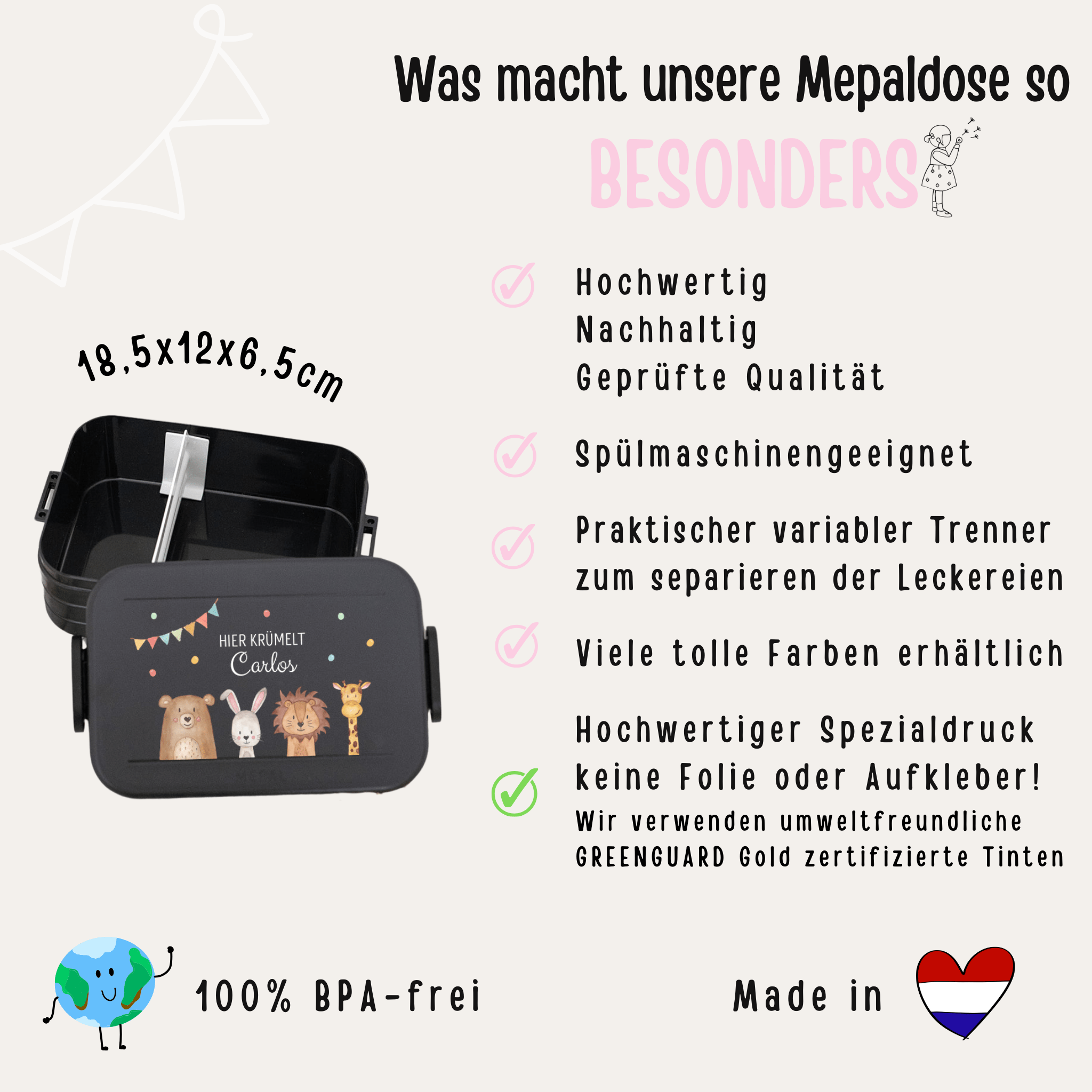 MEPAL Brotdose personalisiert mit Trennwand - Tiere unten Girlande Aquarell - wunderwunsch