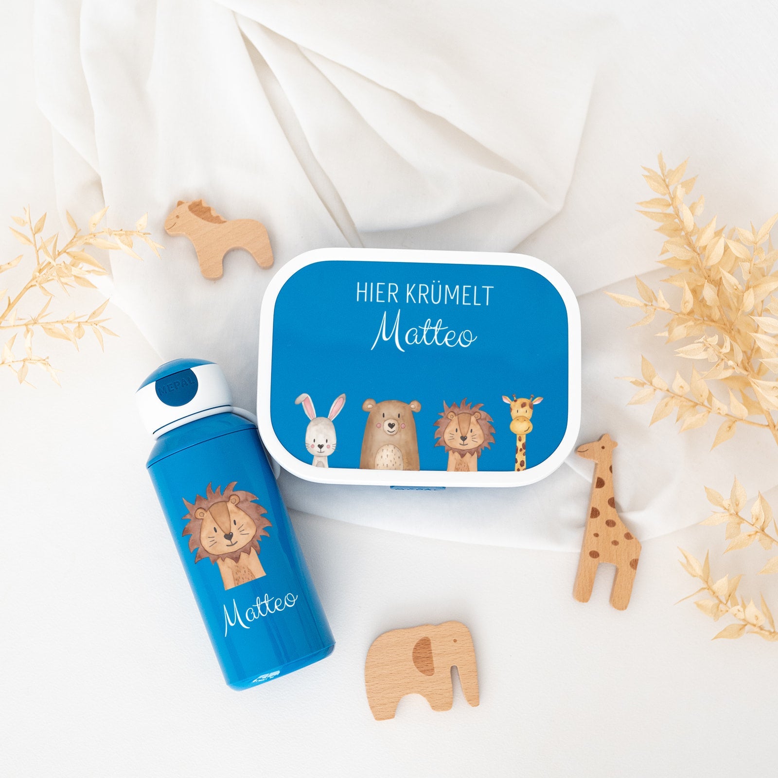 MEPAL Trinkflasche und Brotdose personalisiert mit Bento Einsatz - Tiere unten Aquarell - wunderwunsch