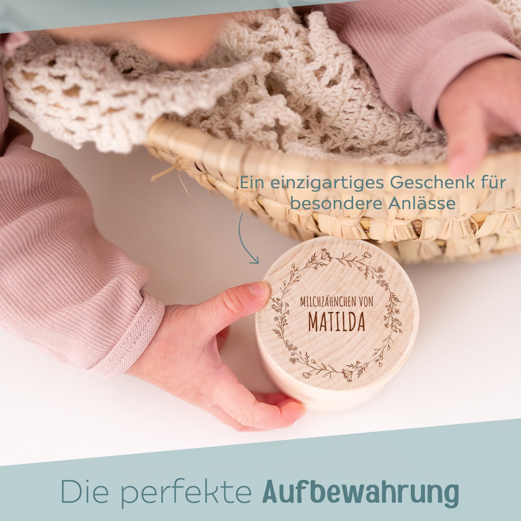 Milchzahndose Holz personalisiert - Blumenkranz - wunderwunsch