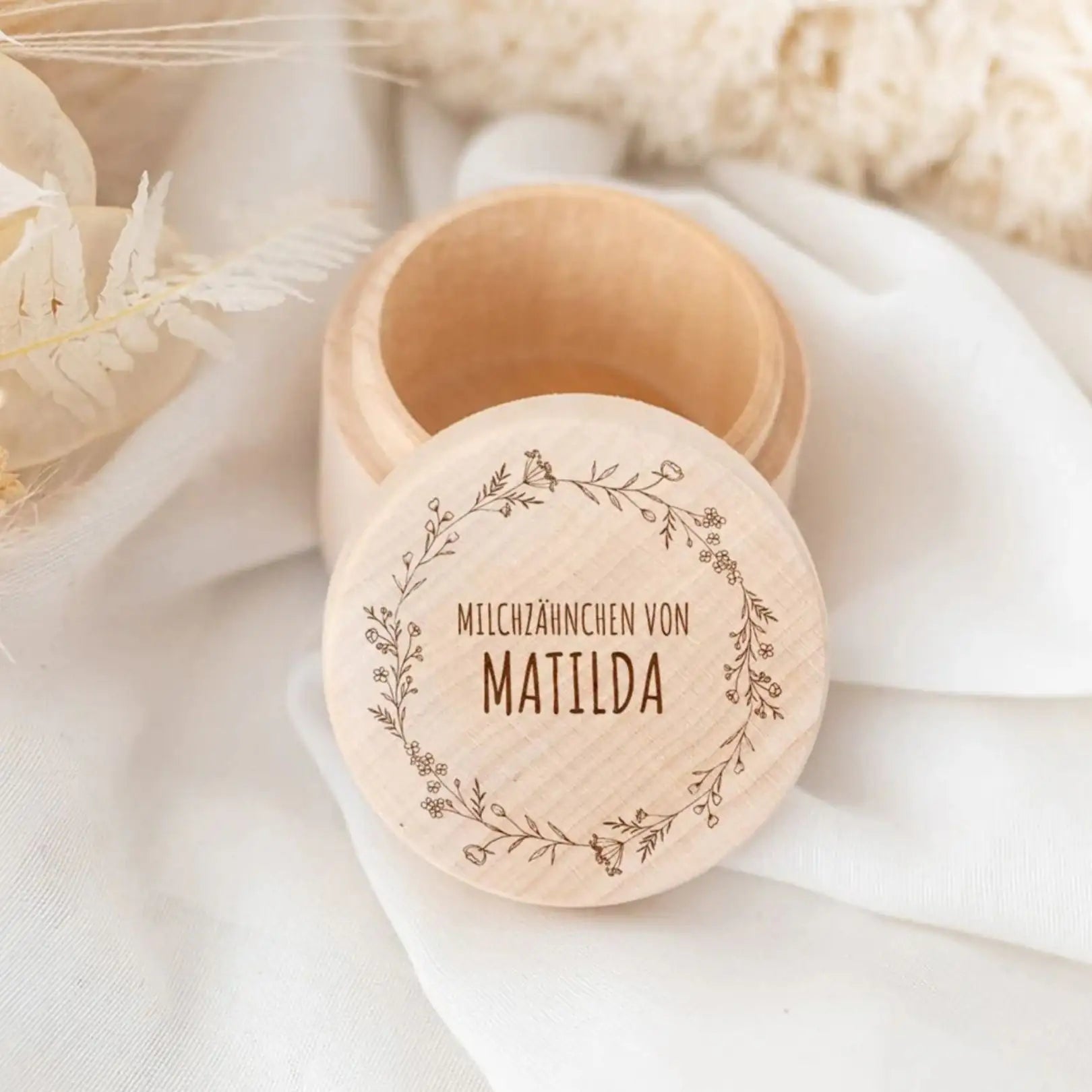 Milchzahndose Holz personalisiert - Blumenkranz - wunderwunsch