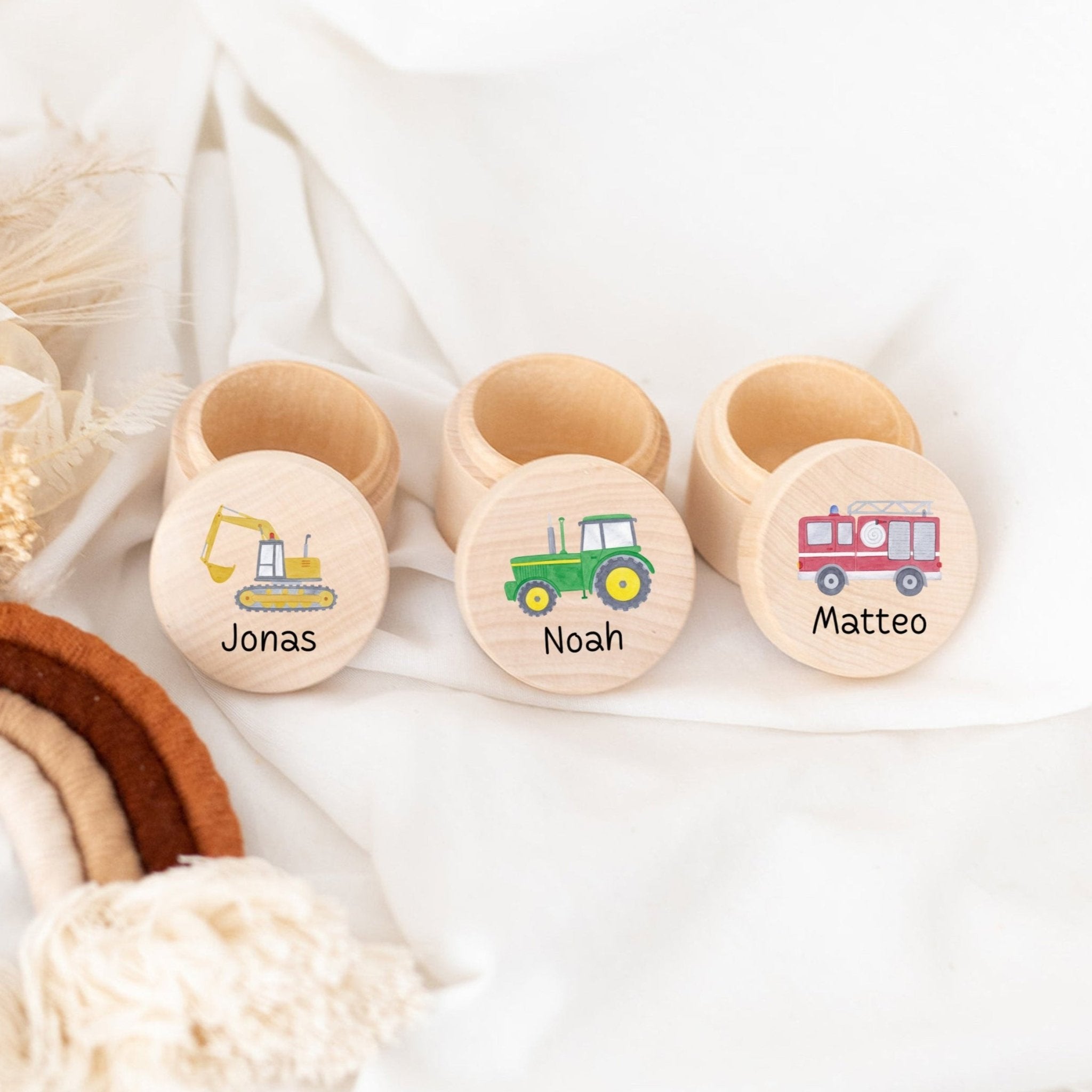 Milchzahndose Holz personalisiert - Fahrzeuge Aquarell - wunderwunsch