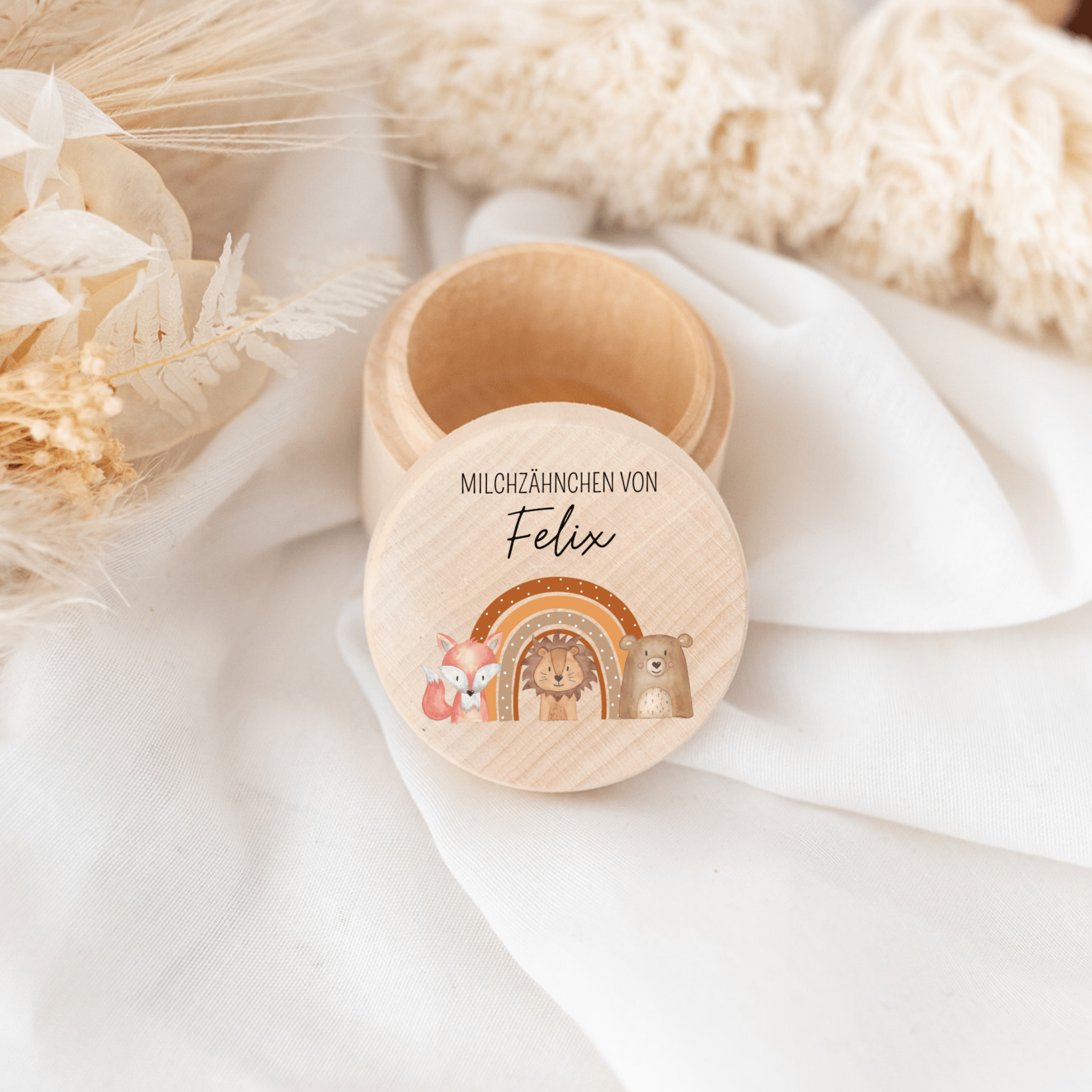 Milchzahndose Holz personalisiert - Fuchs, Löwe, Bär Regenbogen Aquarell - wunderwunsch