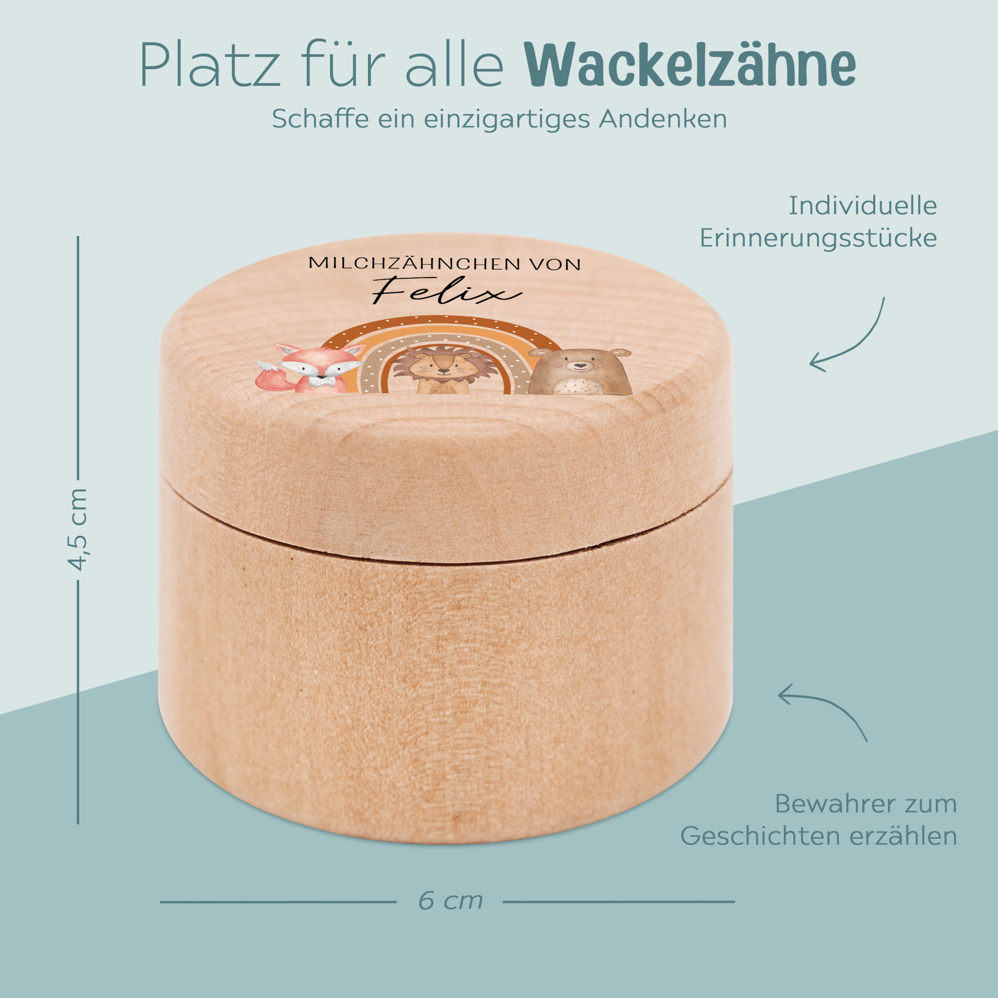 Milchzahndose Holz personalisiert - Fuchs, Löwe, Bär Regenbogen Aquarell - wunderwunsch