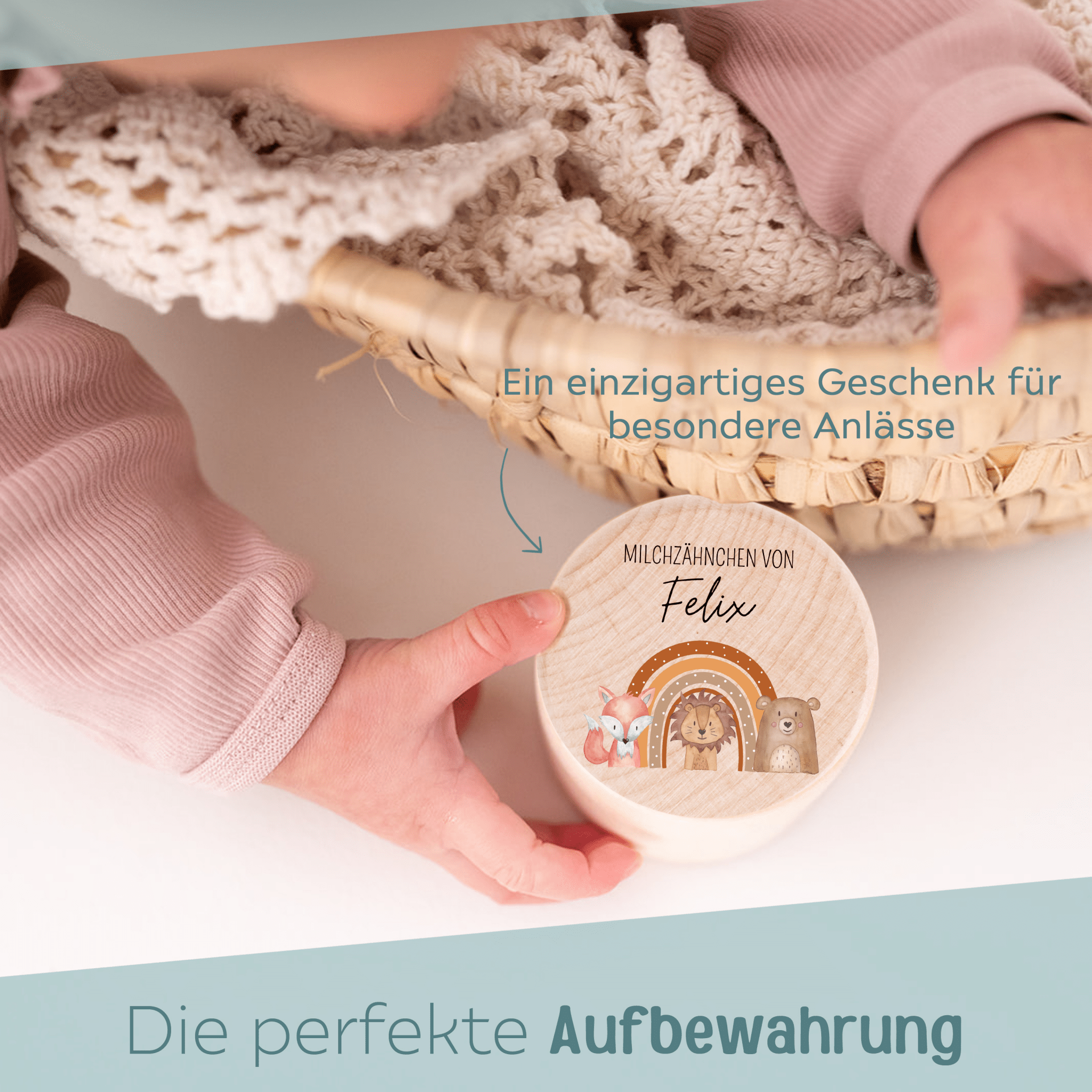 Milchzahndose Holz personalisiert - Fuchs, Löwe, Bär Regenbogen Aquarell - wunderwunsch