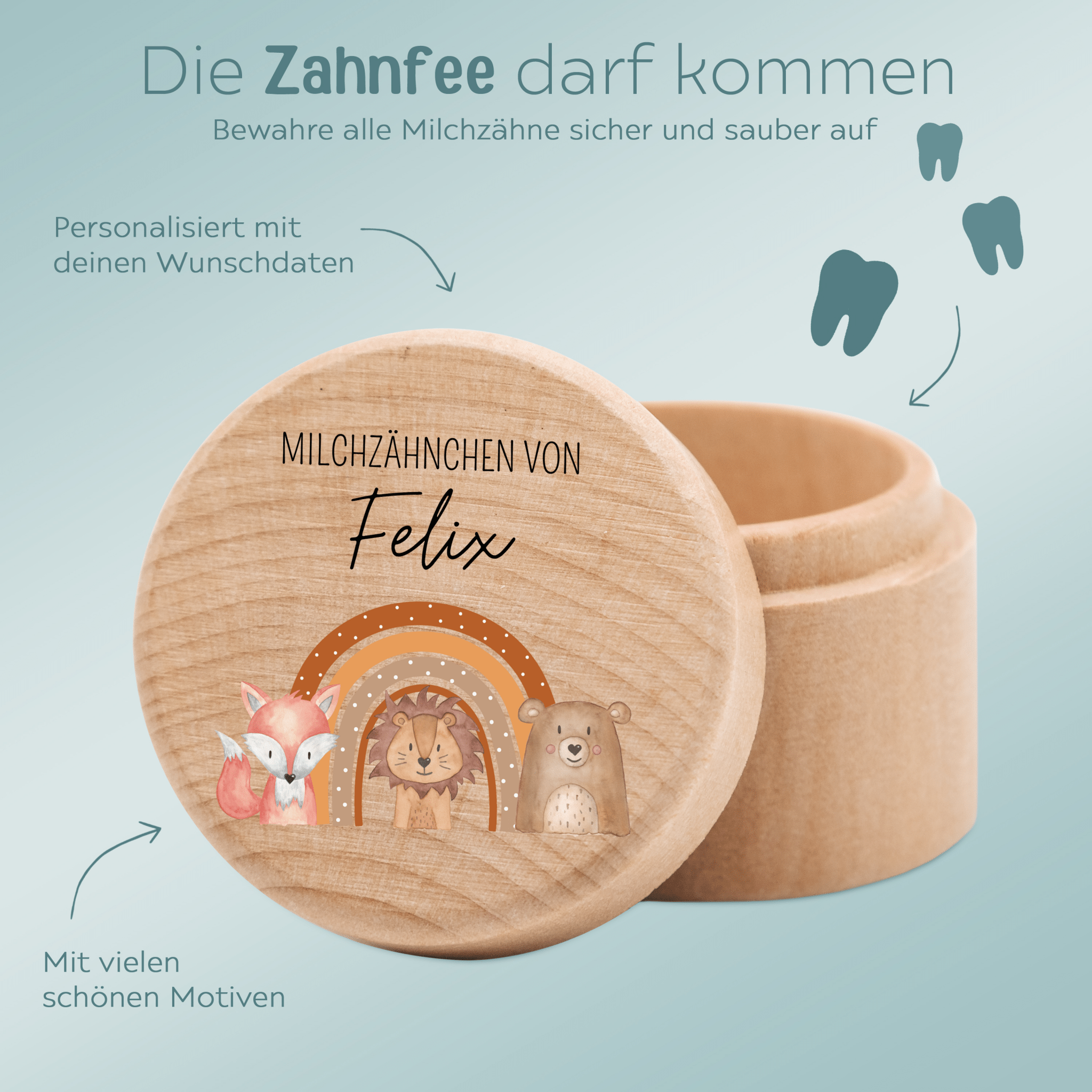 Milchzahndose Holz personalisiert - Fuchs, Löwe, Bär Regenbogen Aquarell - wunderwunsch