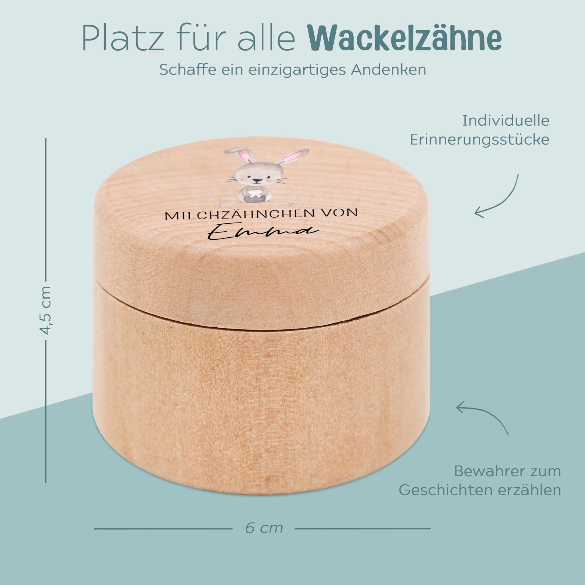 Milchzahndose Holz personalisiert - Hase mit Zahn Aquarell - wunderwunsch