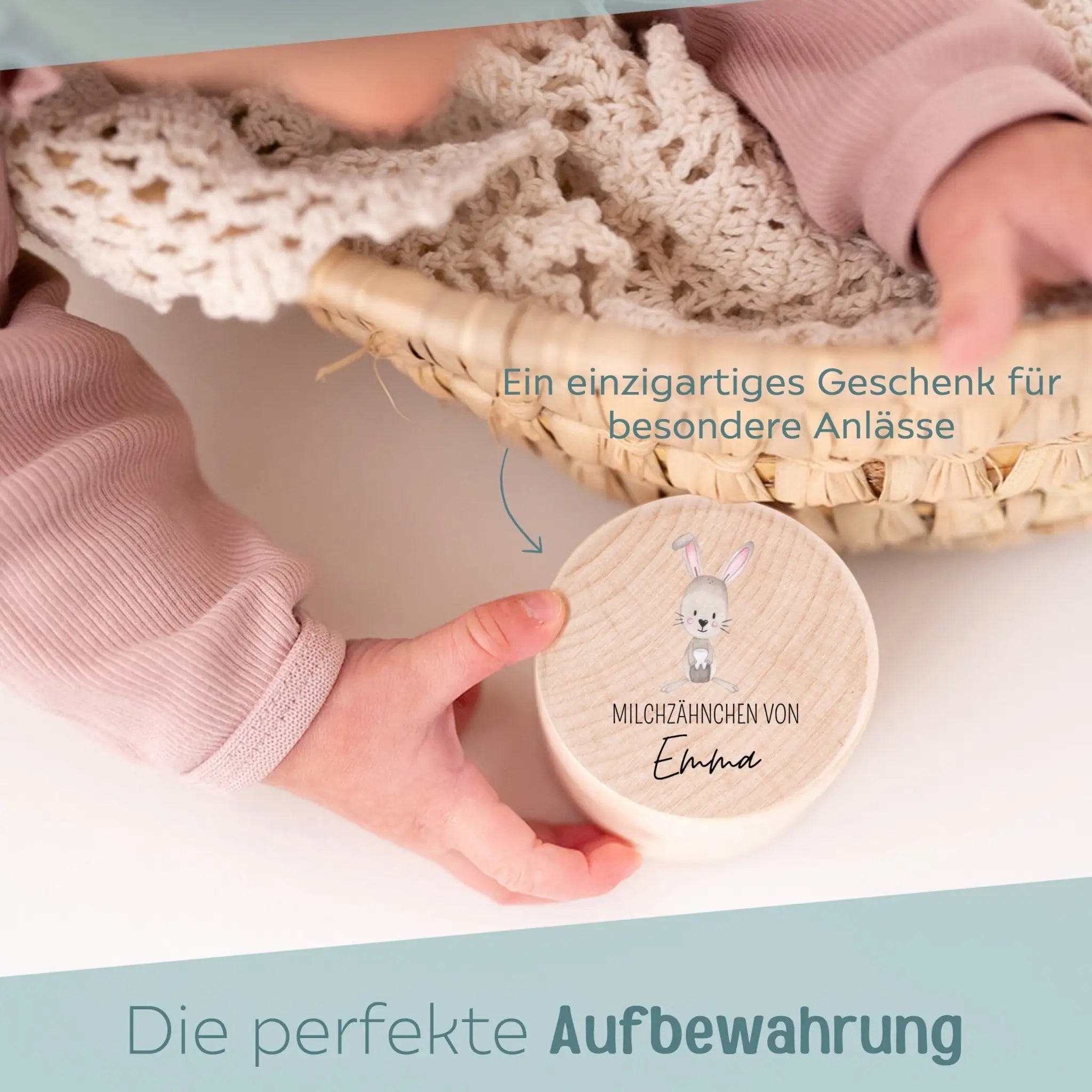 Milchzahndose Holz personalisiert - Hase mit Zahn Aquarell - wunderwunsch