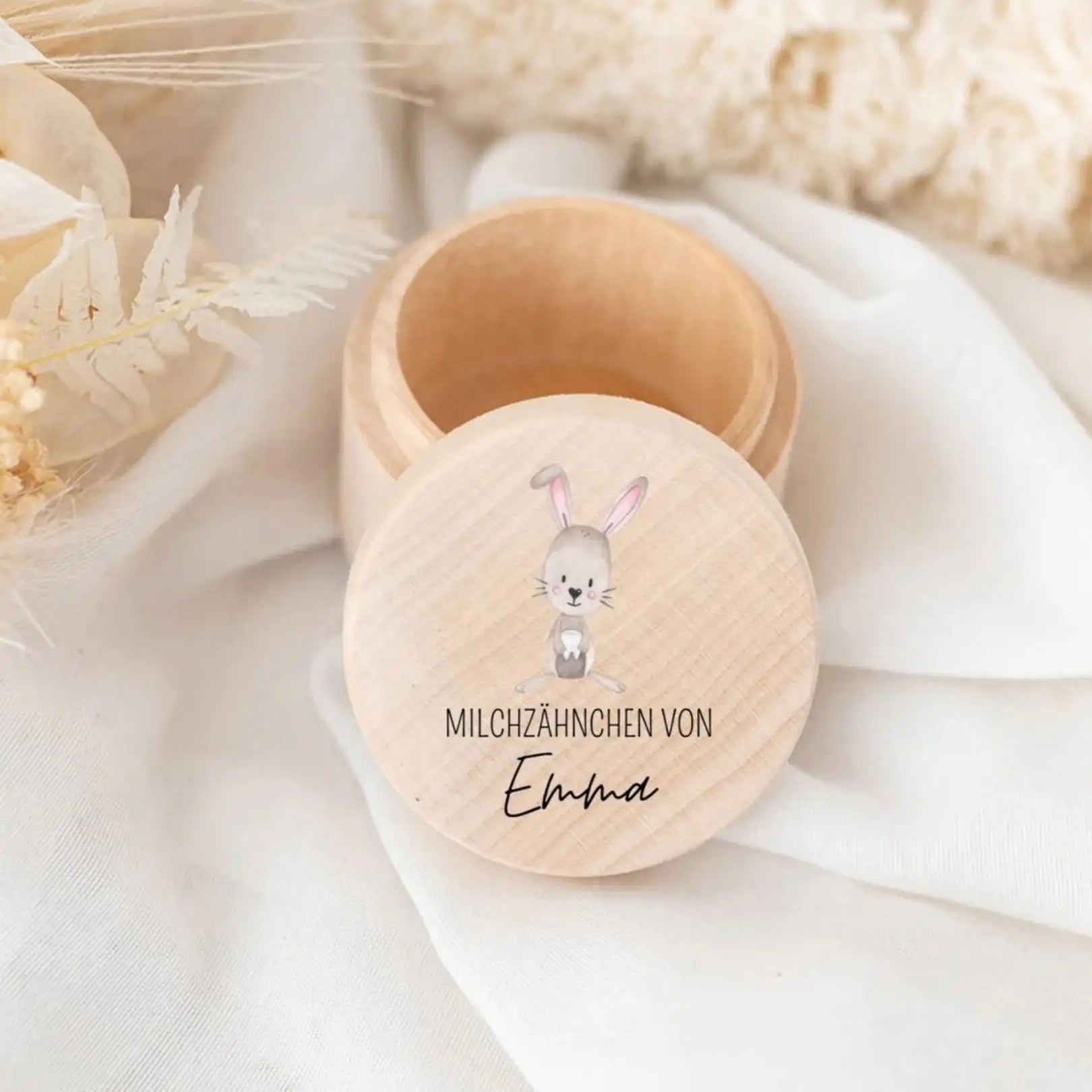 Milchzahndose Holz personalisiert - Hase mit Zahn Aquarell - wunderwunsch