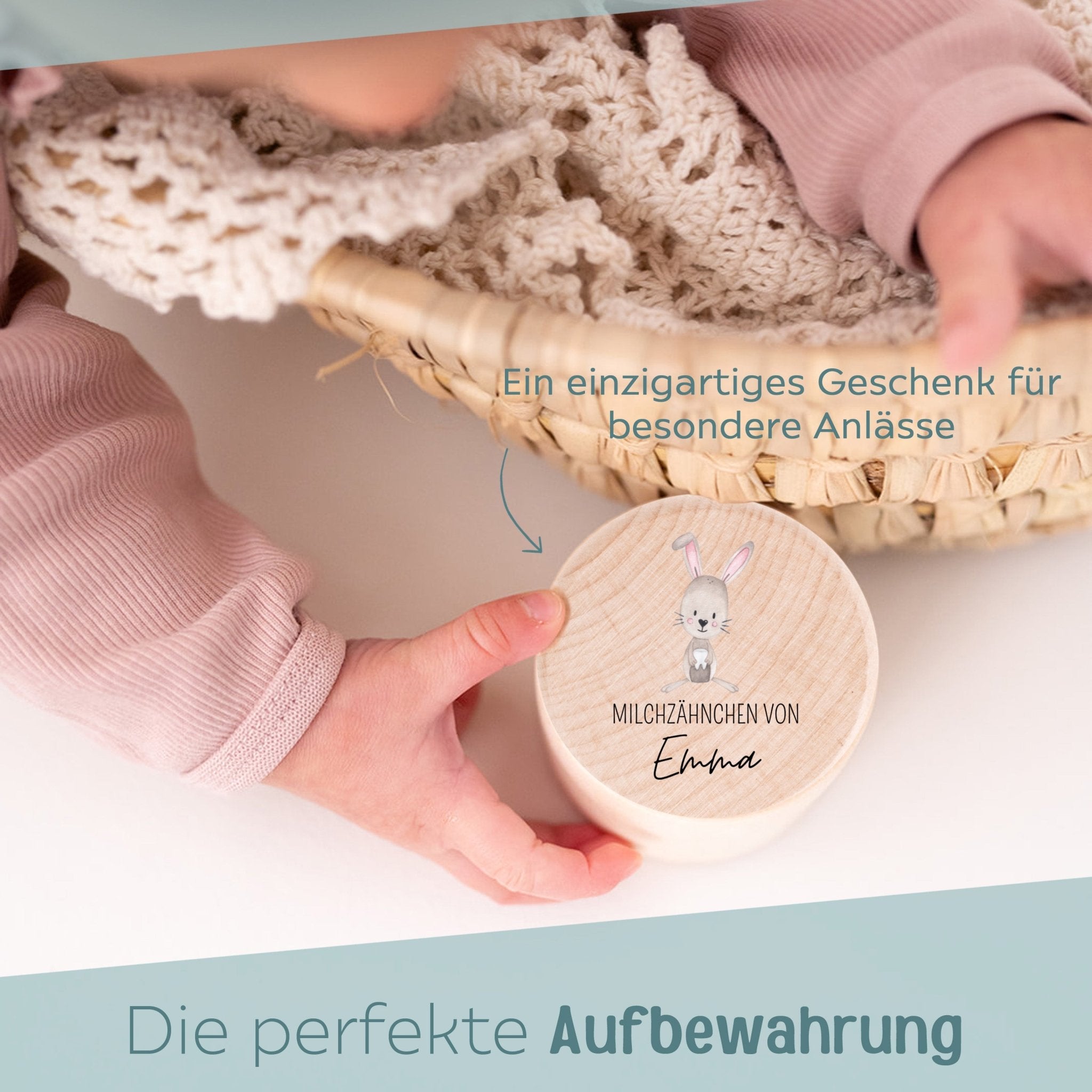 Milchzahndose Holz personalisiert - Hase mit Zahn Aquarell - wunderwunsch