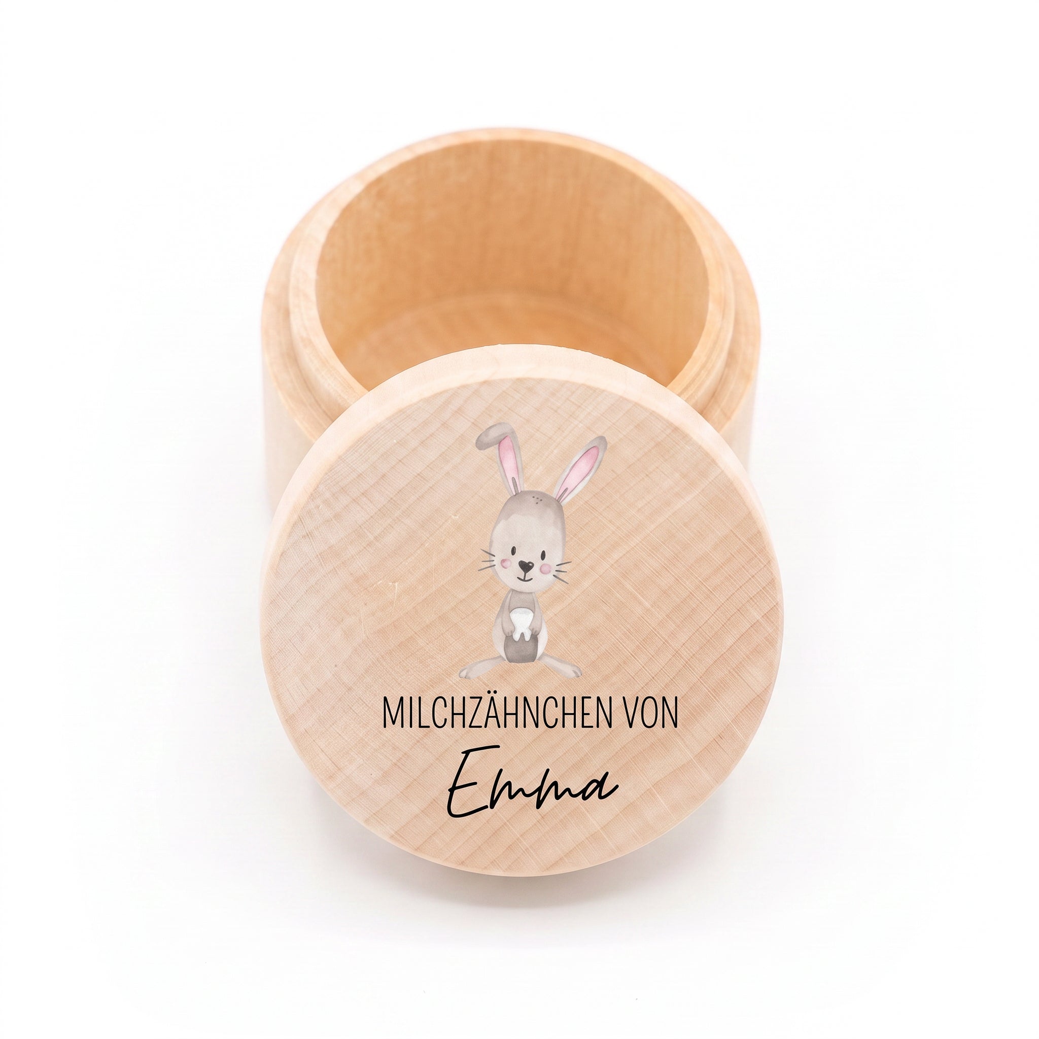 Milchzahndose Holz personalisiert - Hase mit Zahn Aquarell
