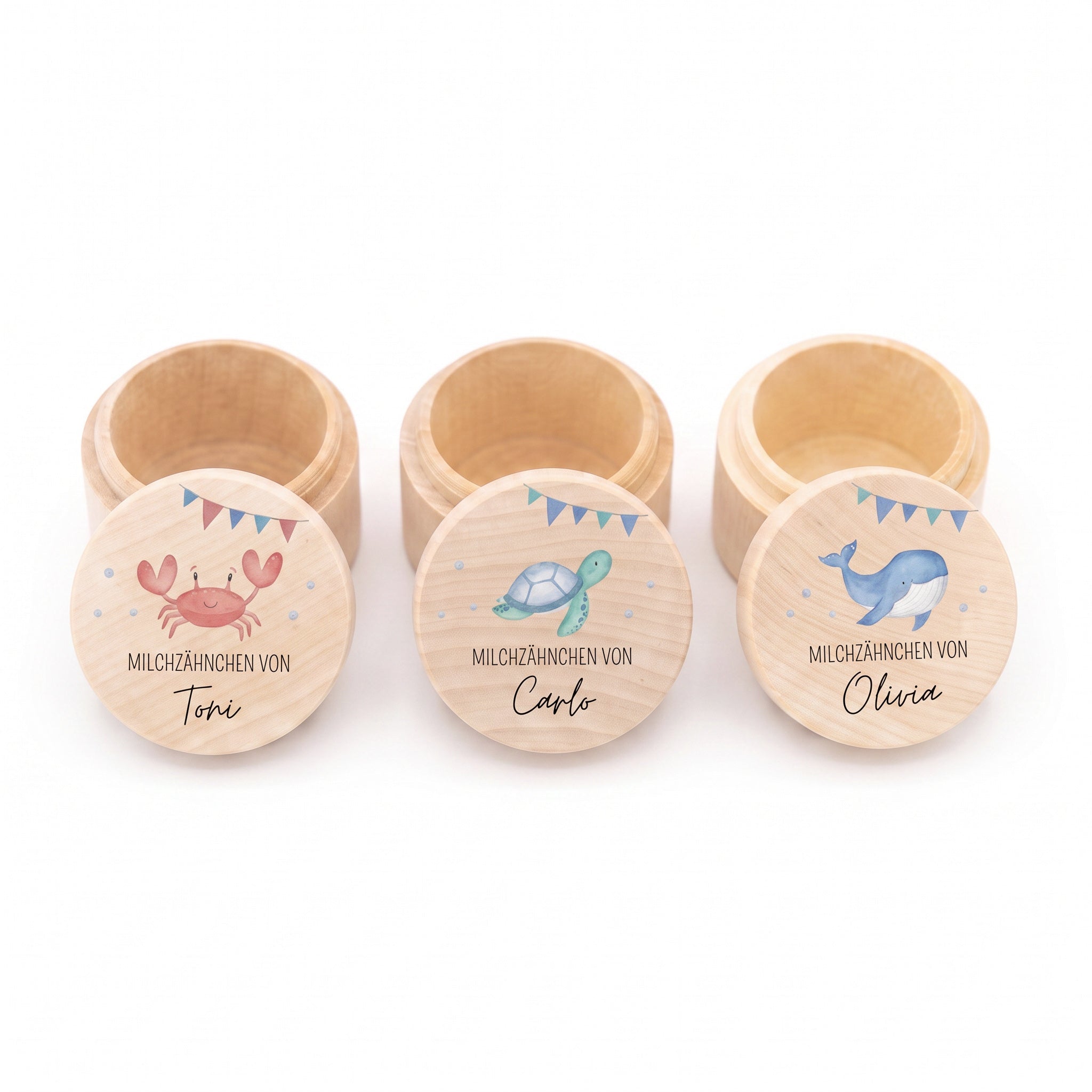 Milchzahndose Holz personalisiert - Meerestiere Aquarell - wunderwunsch