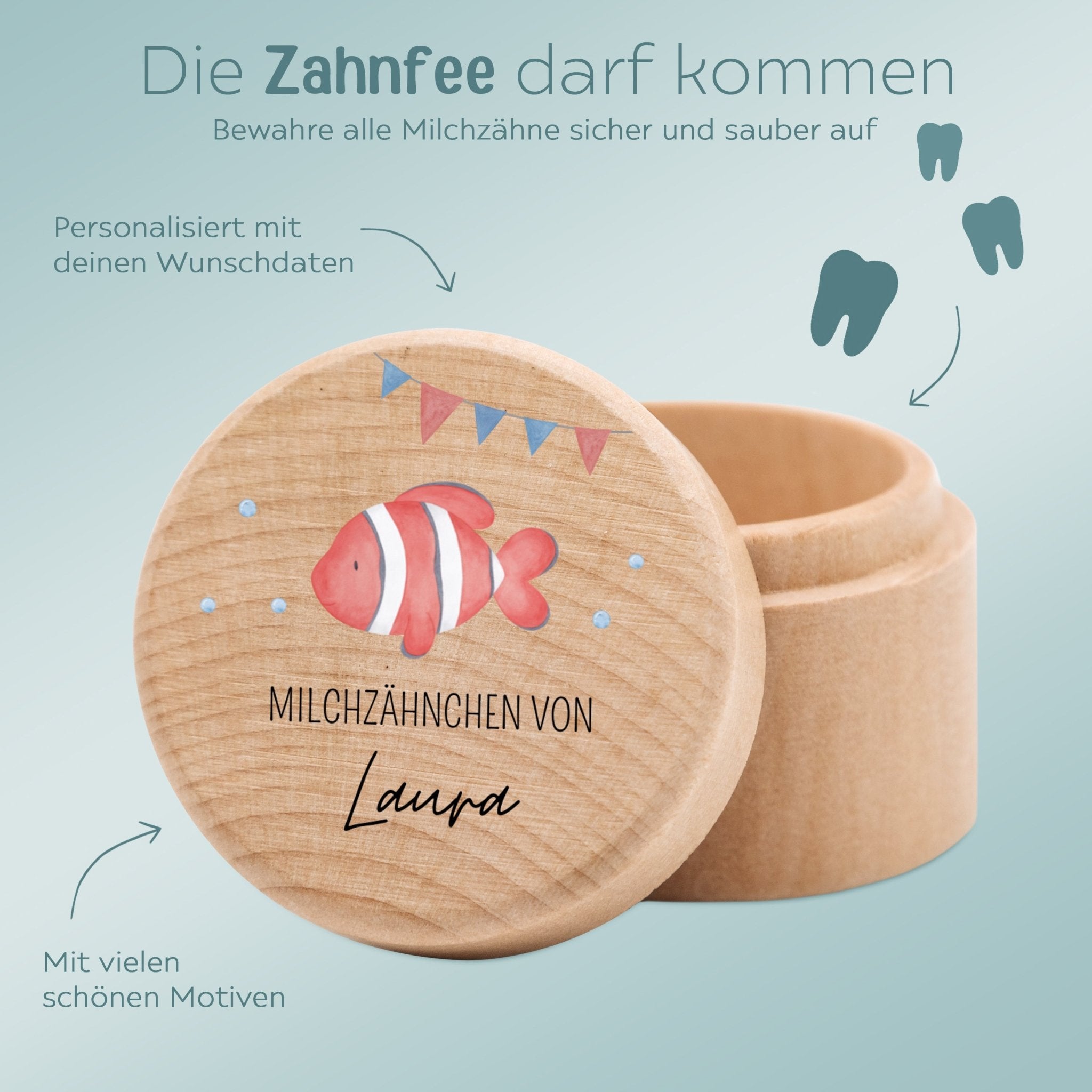 Milchzahndose Holz personalisiert - Meerestiere Aquarell - wunderwunsch
