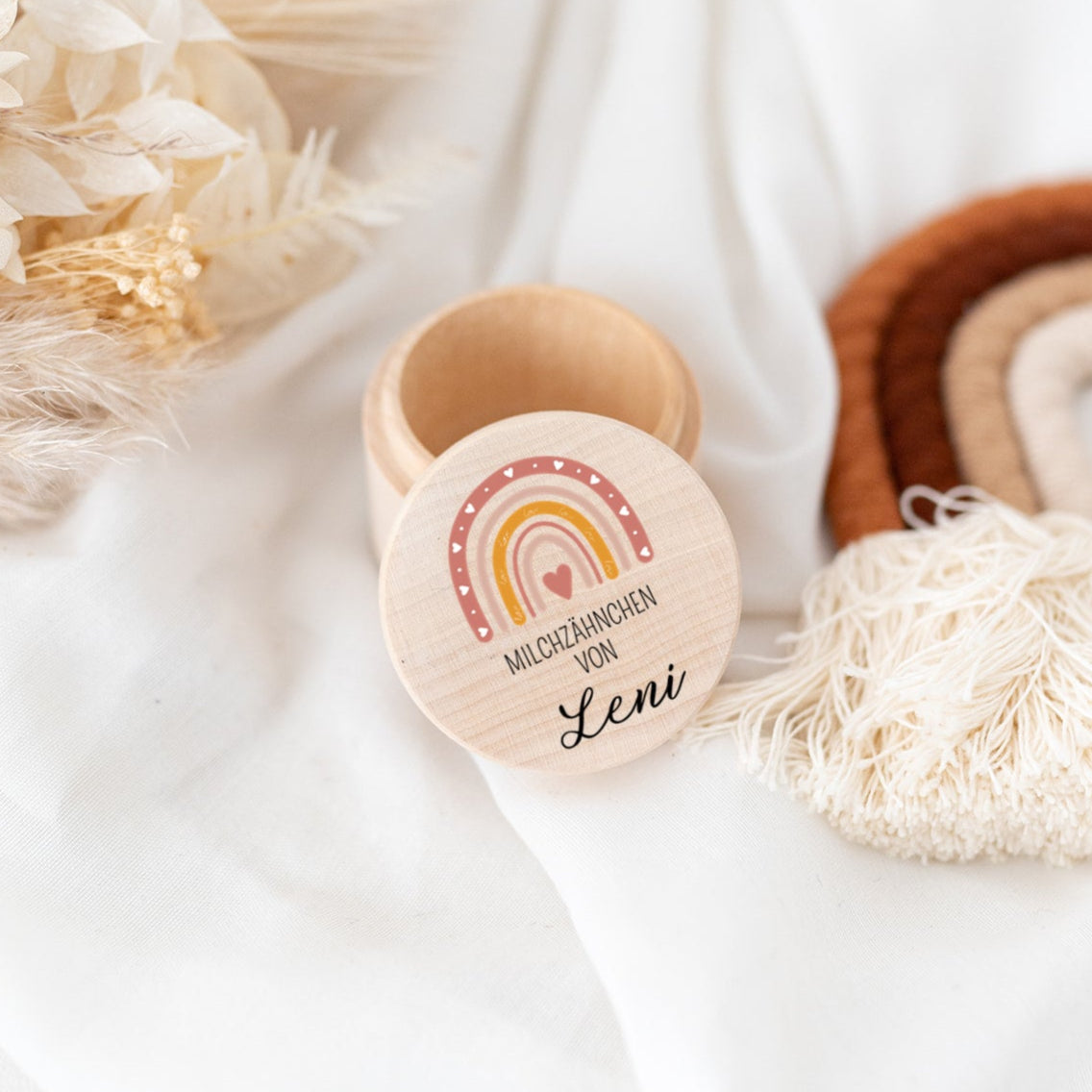 Milchzahndose Holz personalisiert - Regenbogen Aquarell - wunderwunsch