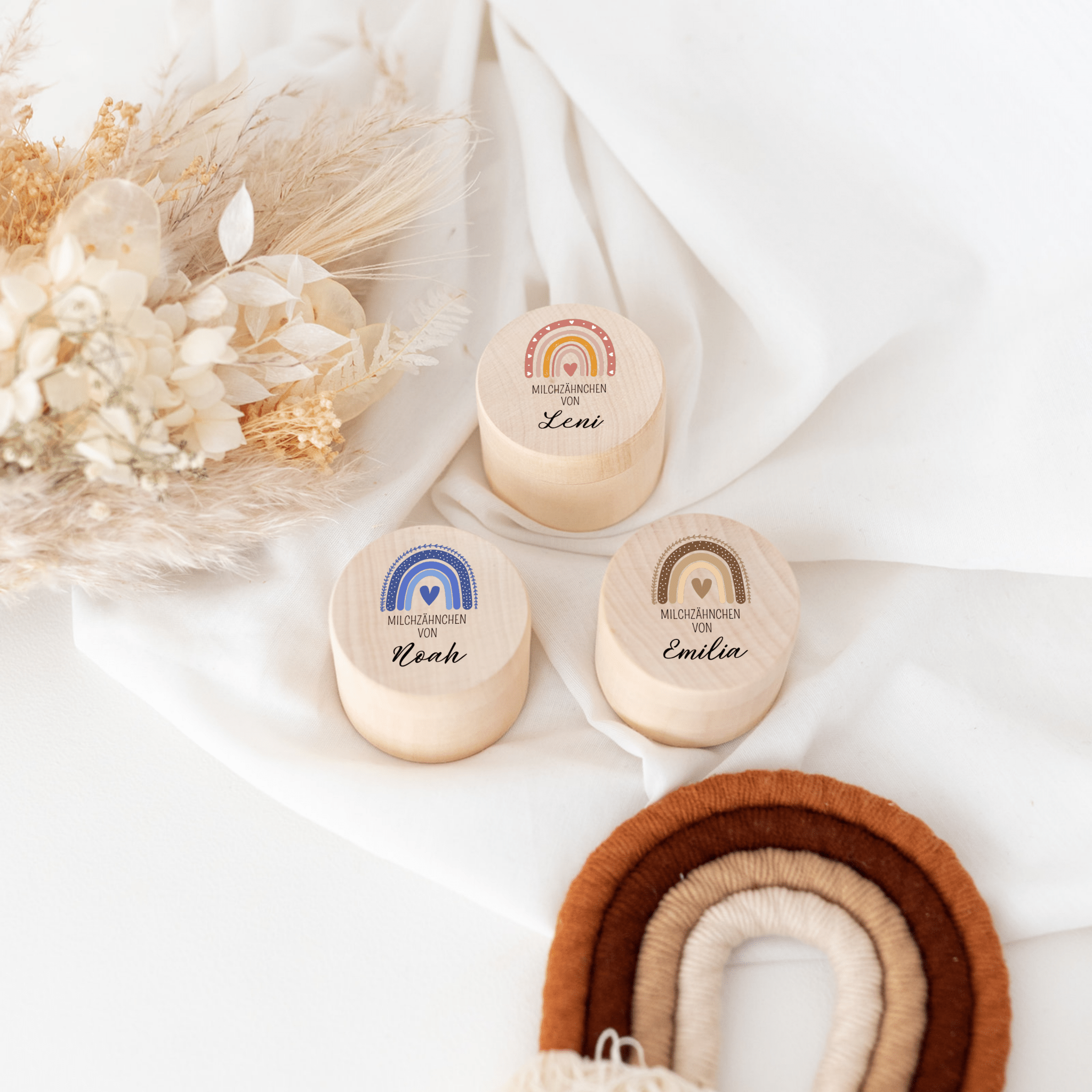 Milchzahndose Holz personalisiert - Regenbogen Aquarell - wunderwunsch