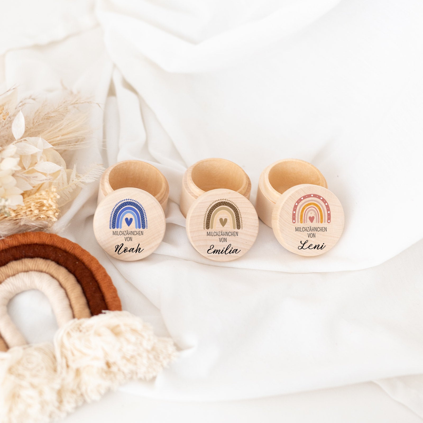 Milchzahndose Holz personalisiert - Regenbogen Aquarell - wunderwunsch