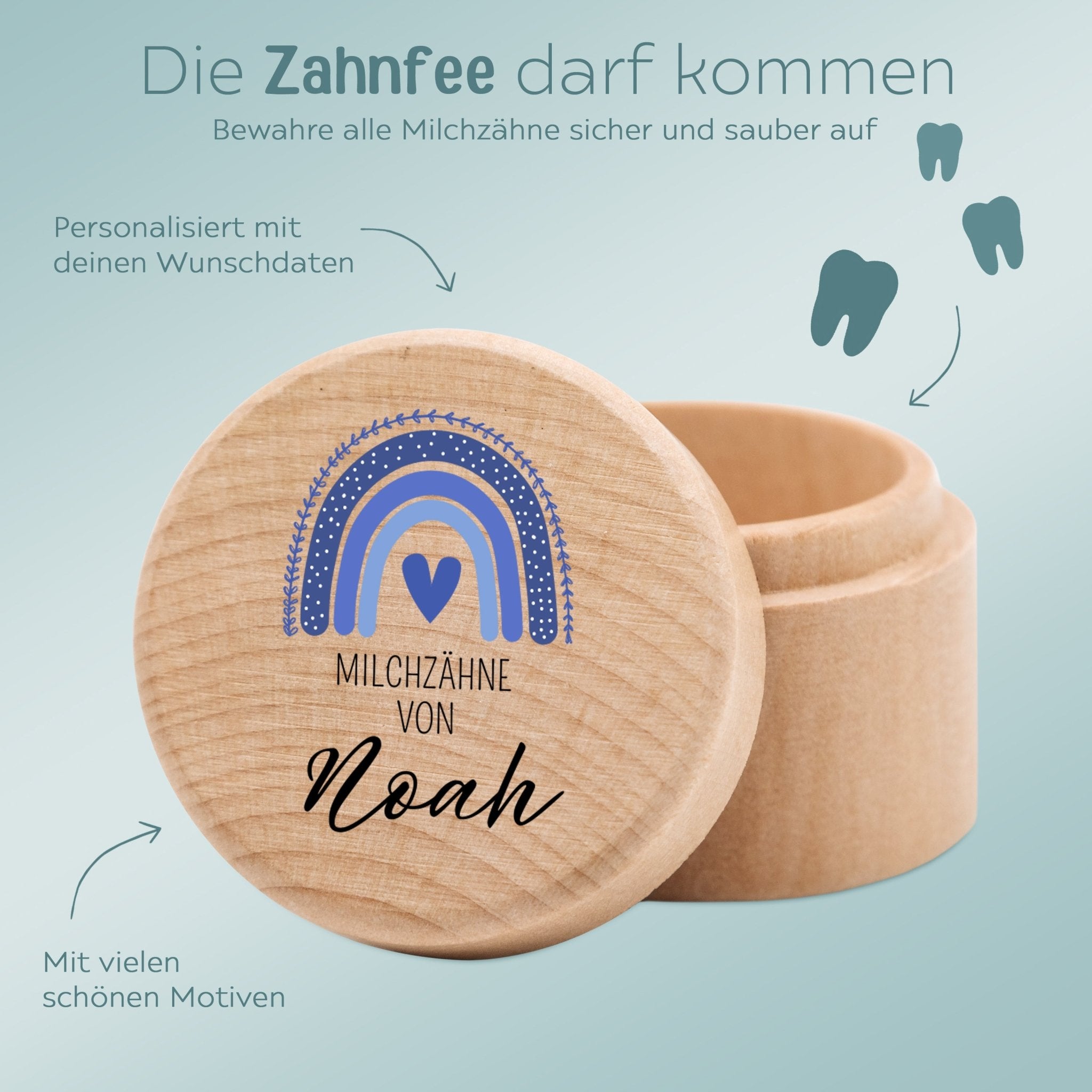 Milchzahndose Holz personalisiert - Regenbogen Aquarell - wunderwunsch