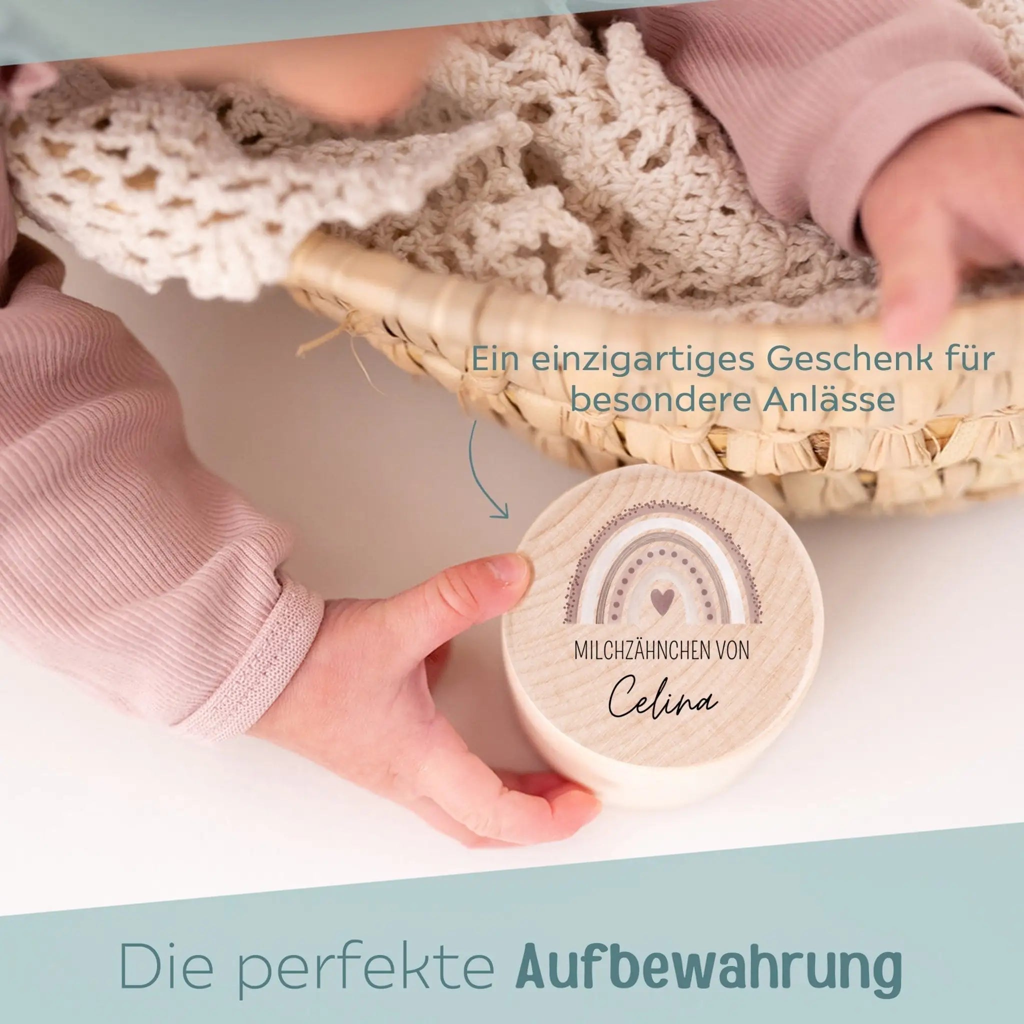 Milchzahndose Holz personalisiert - Regenbogen Punkte Aquarell - wunderwunsch
