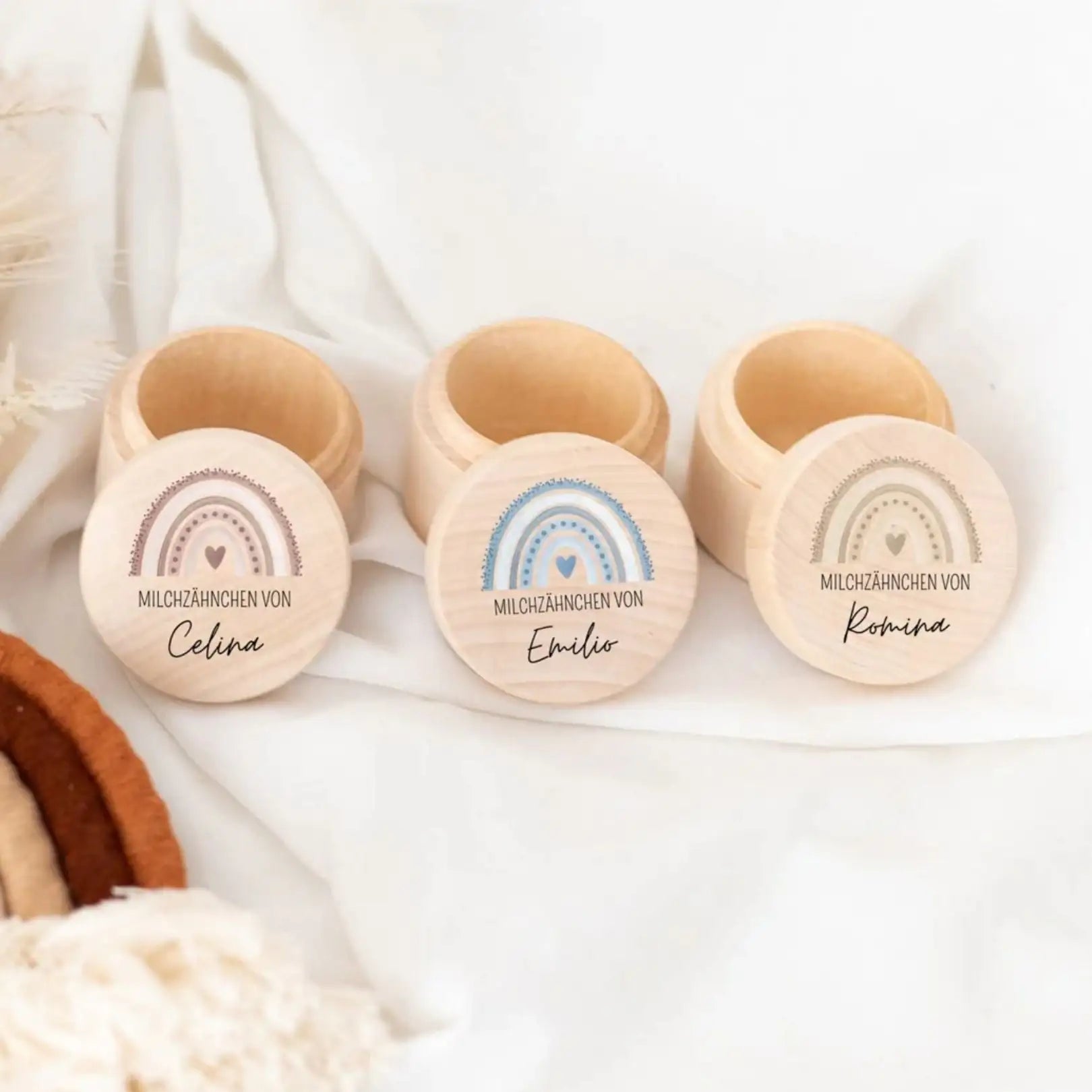 Milchzahndose Holz personalisiert - Regenbogen Punkte Aquarell - wunderwunsch