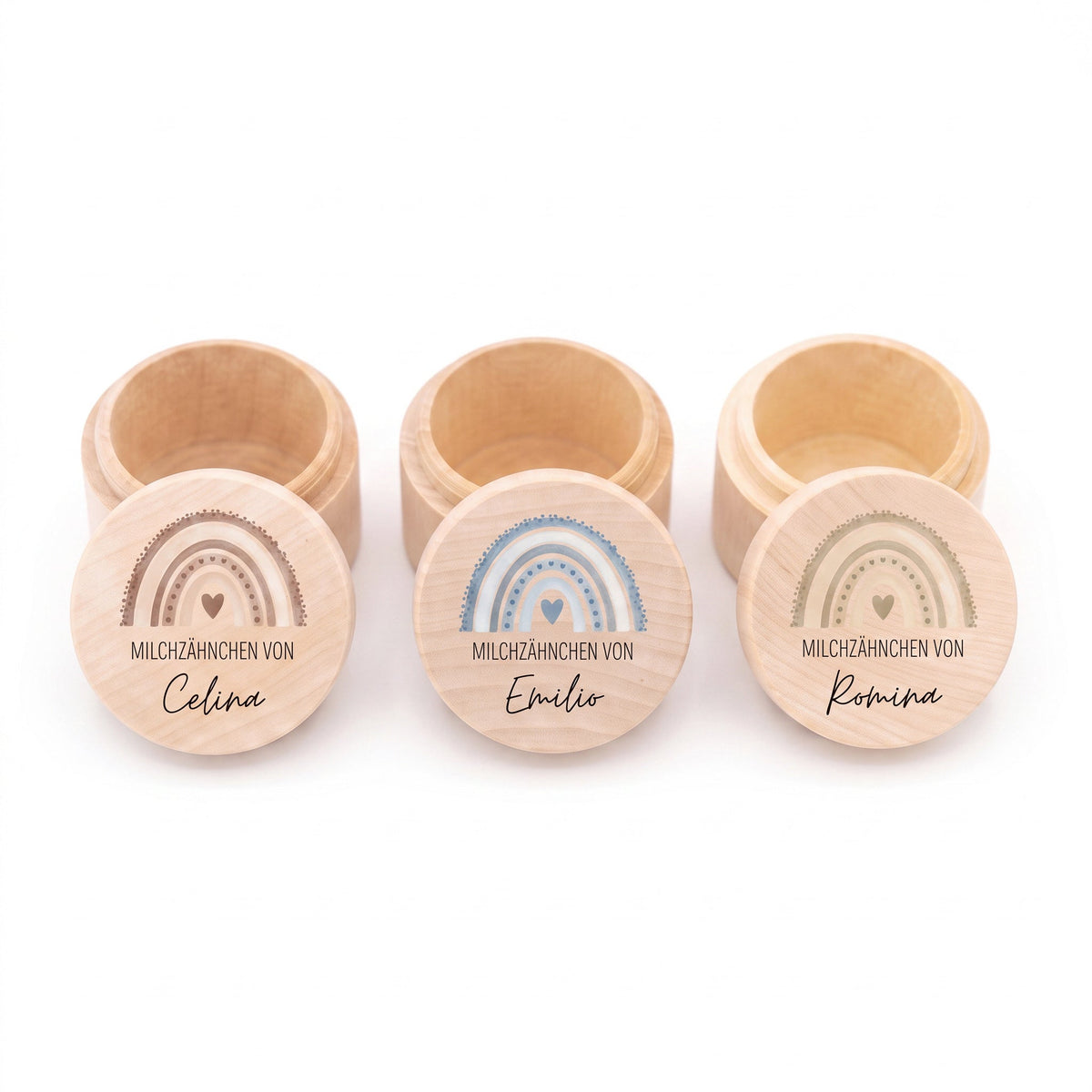 Milchzahndose Holz personalisiert - Regenbogen Punkte Aquarell - wunderwunsch