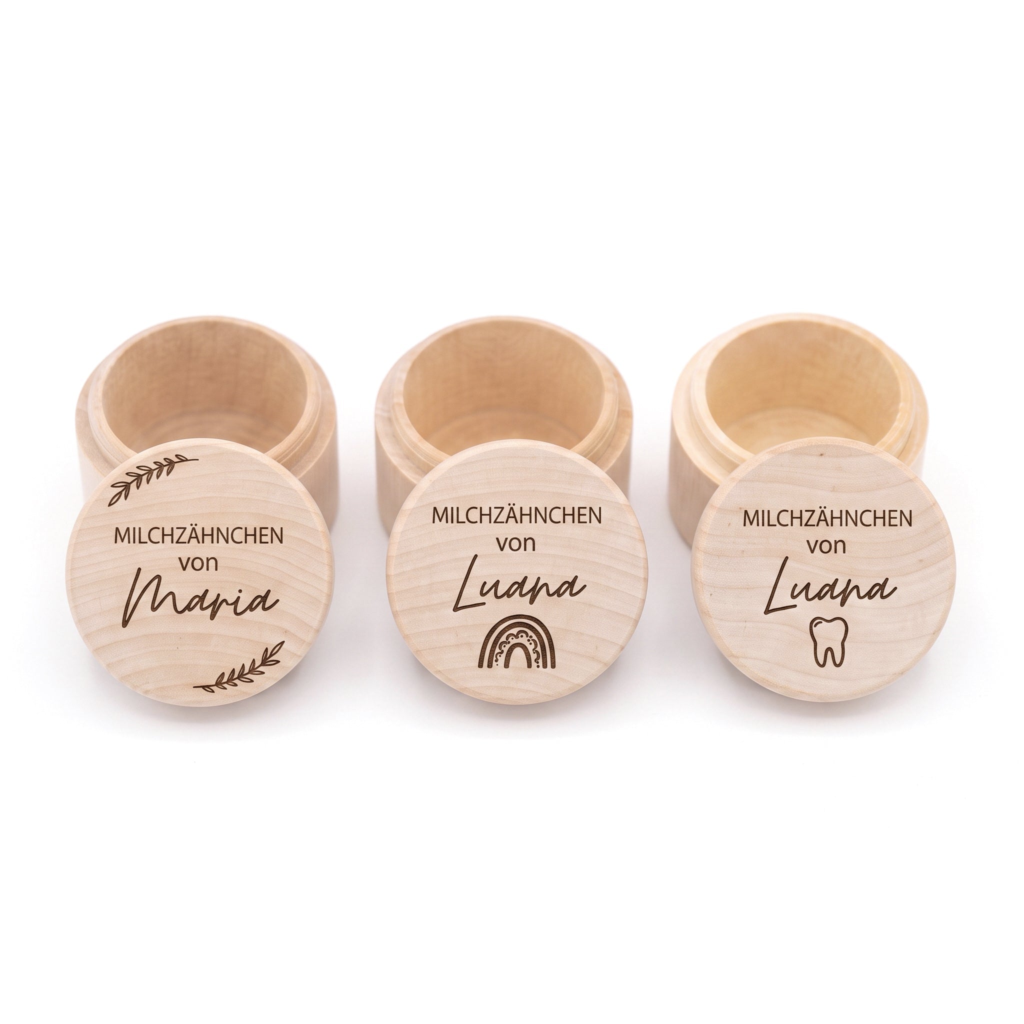 Milchzahndose Holz personalisiert - Regenbogen, Zahn, Zweig Gravur - wunderwunsch
