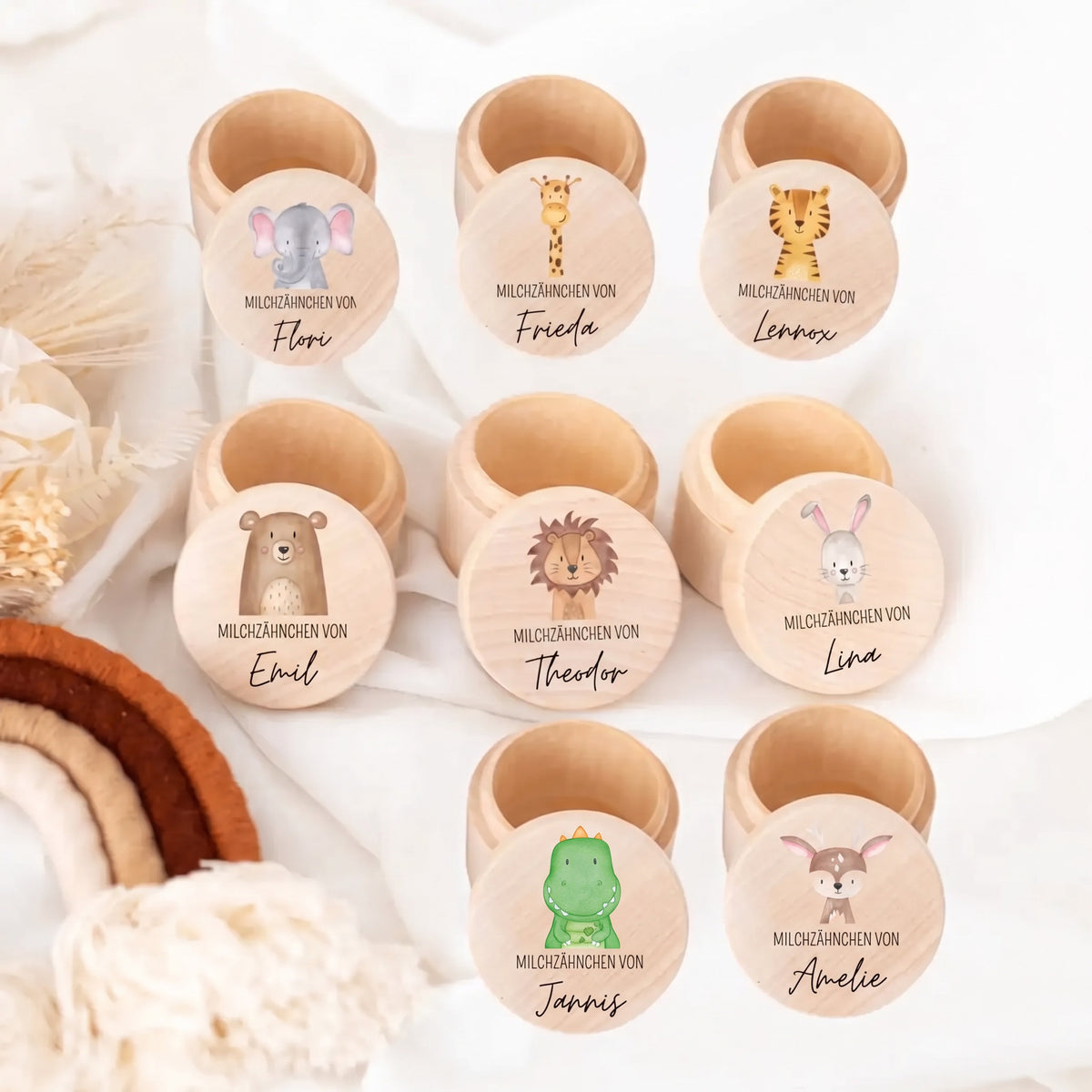 Milchzahndose Holz personalisiert - Tier Aquarell