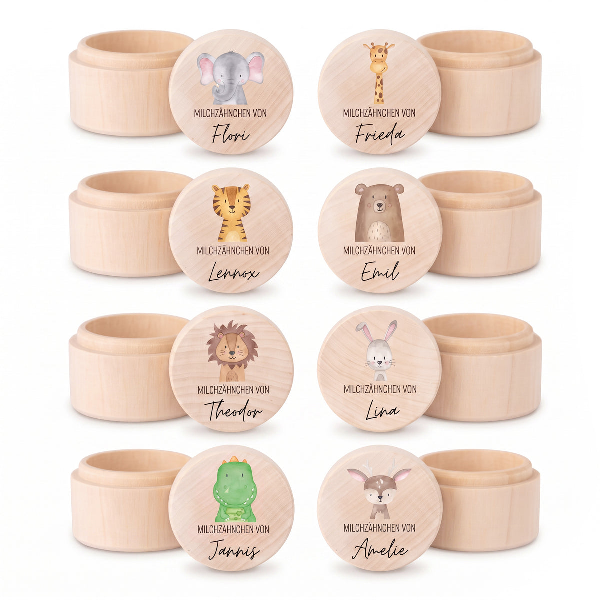 Milchzahndose Holz personalisiert - Tier Aquarell