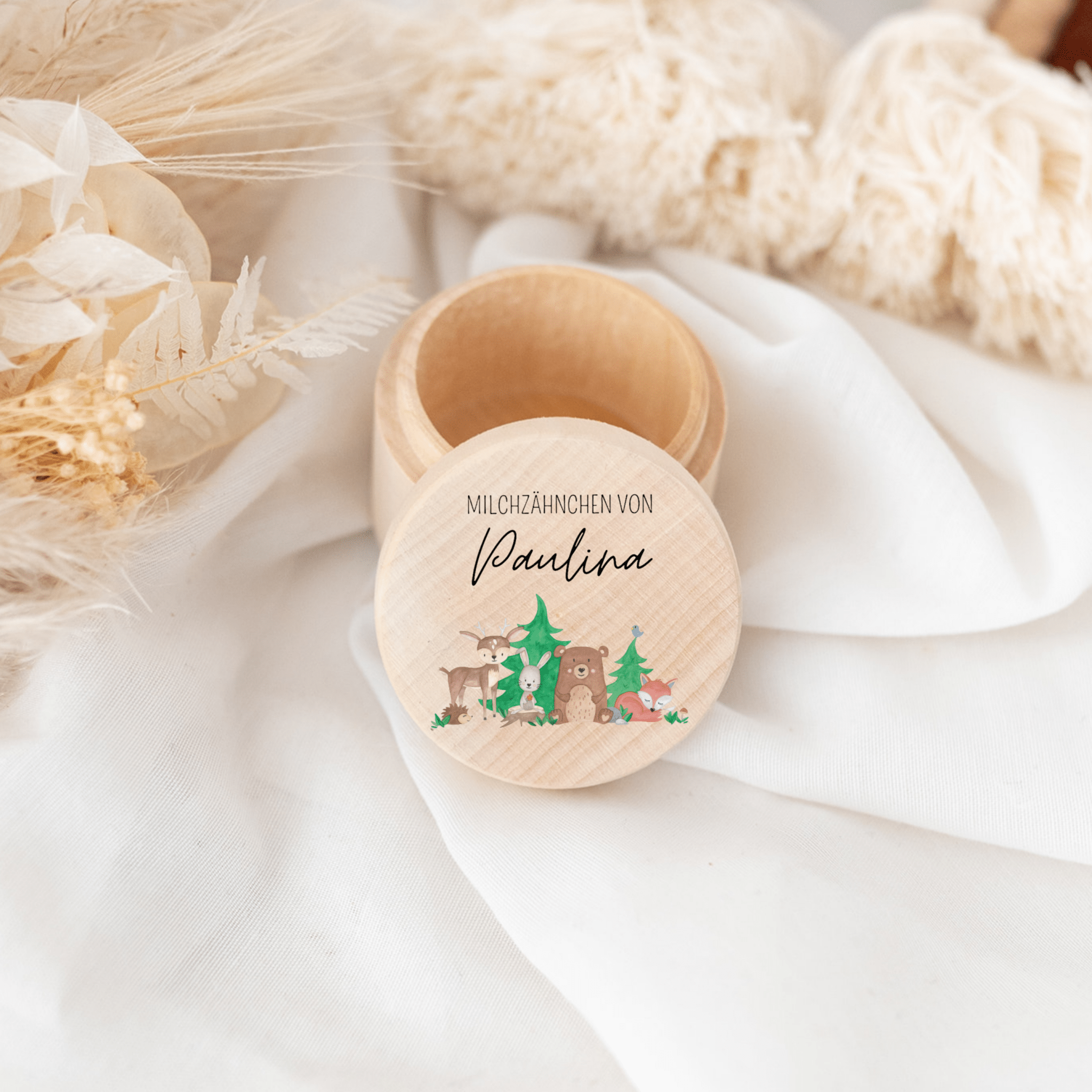 Milchzahndose Holz personalisiert - Waldfreunde Aquarell - wunderwunsch