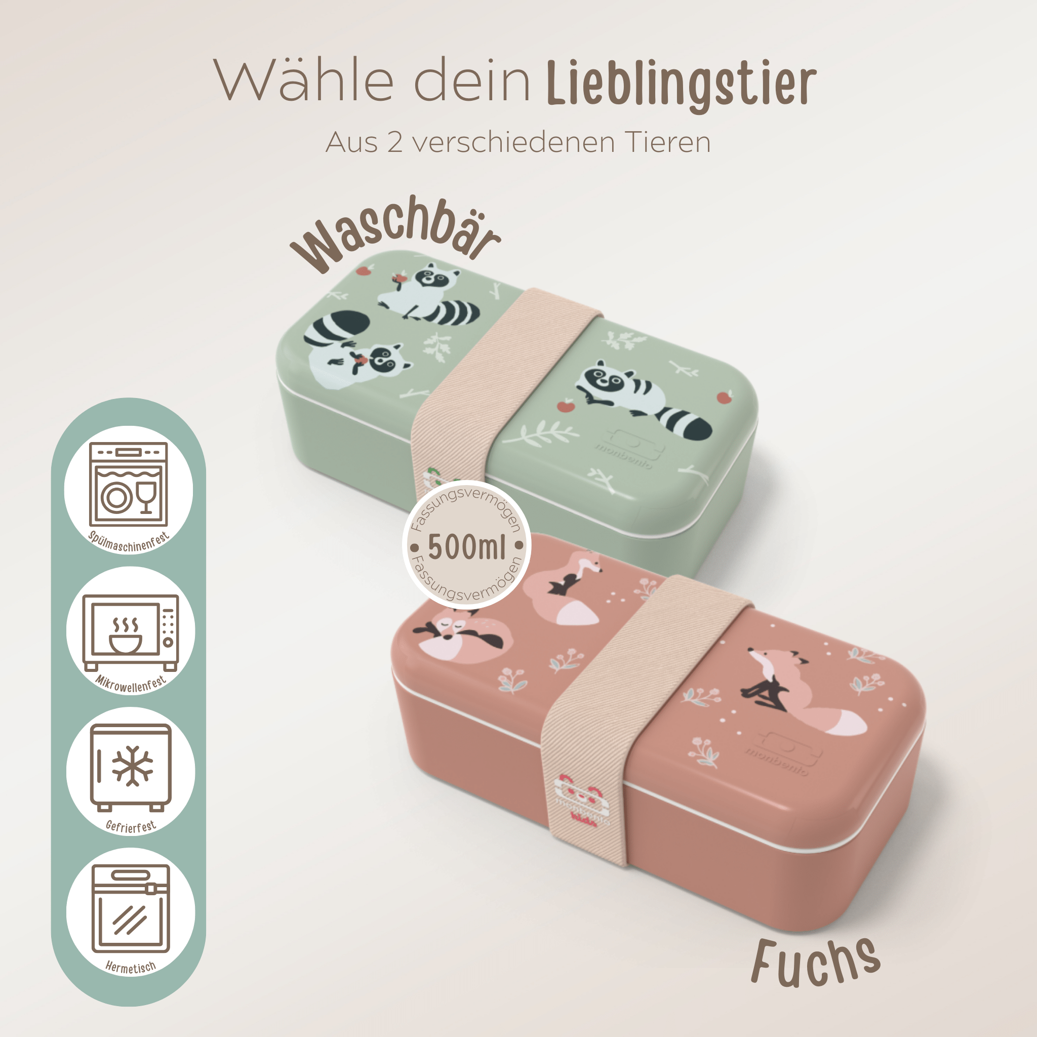 MONBENTO Lunchbox mit Halteband personalisiert - Waschbär & Fuchs - wunderwunsch