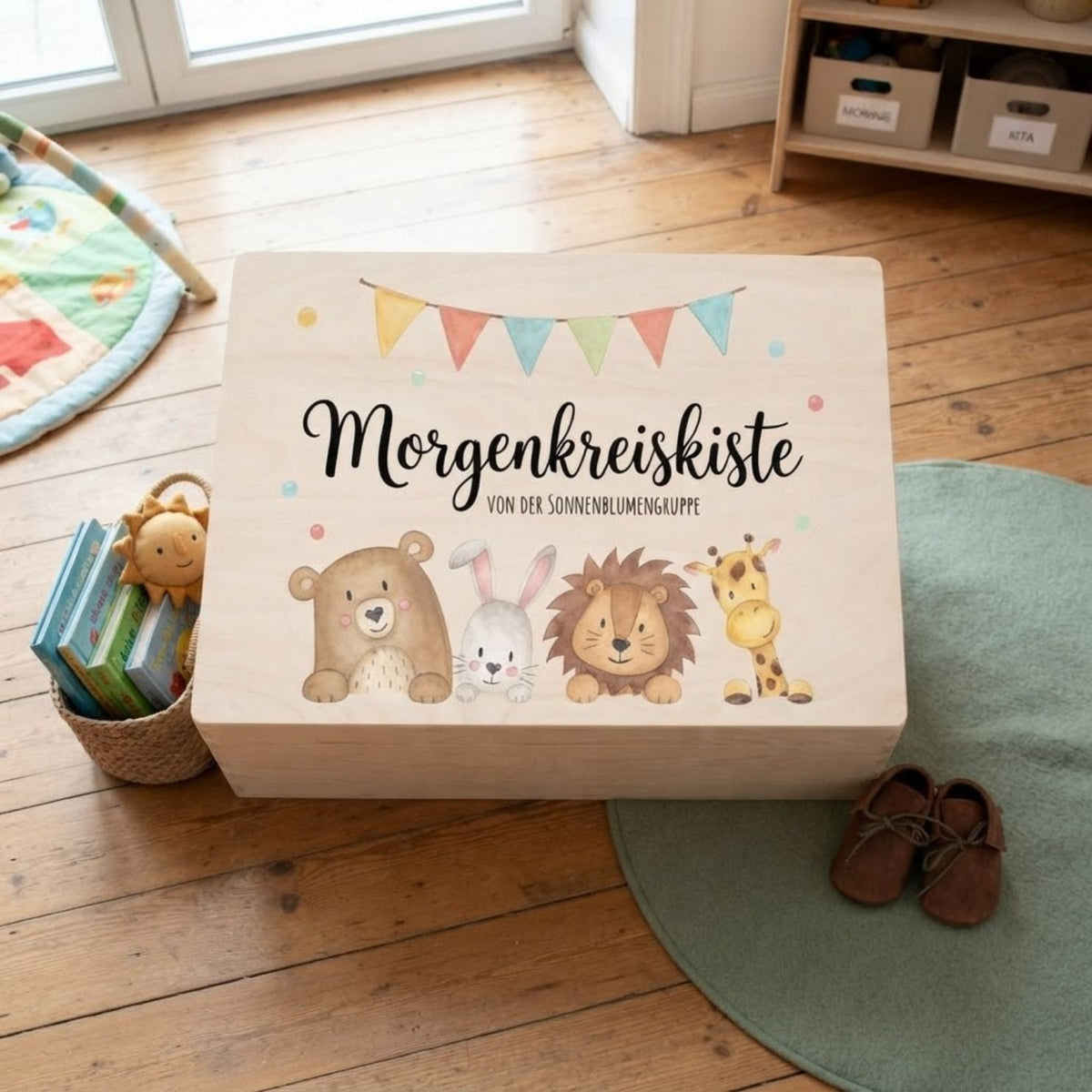 Morgenkreiskiste mit Wunschname – Tiere Aquarell - wunderwunsch