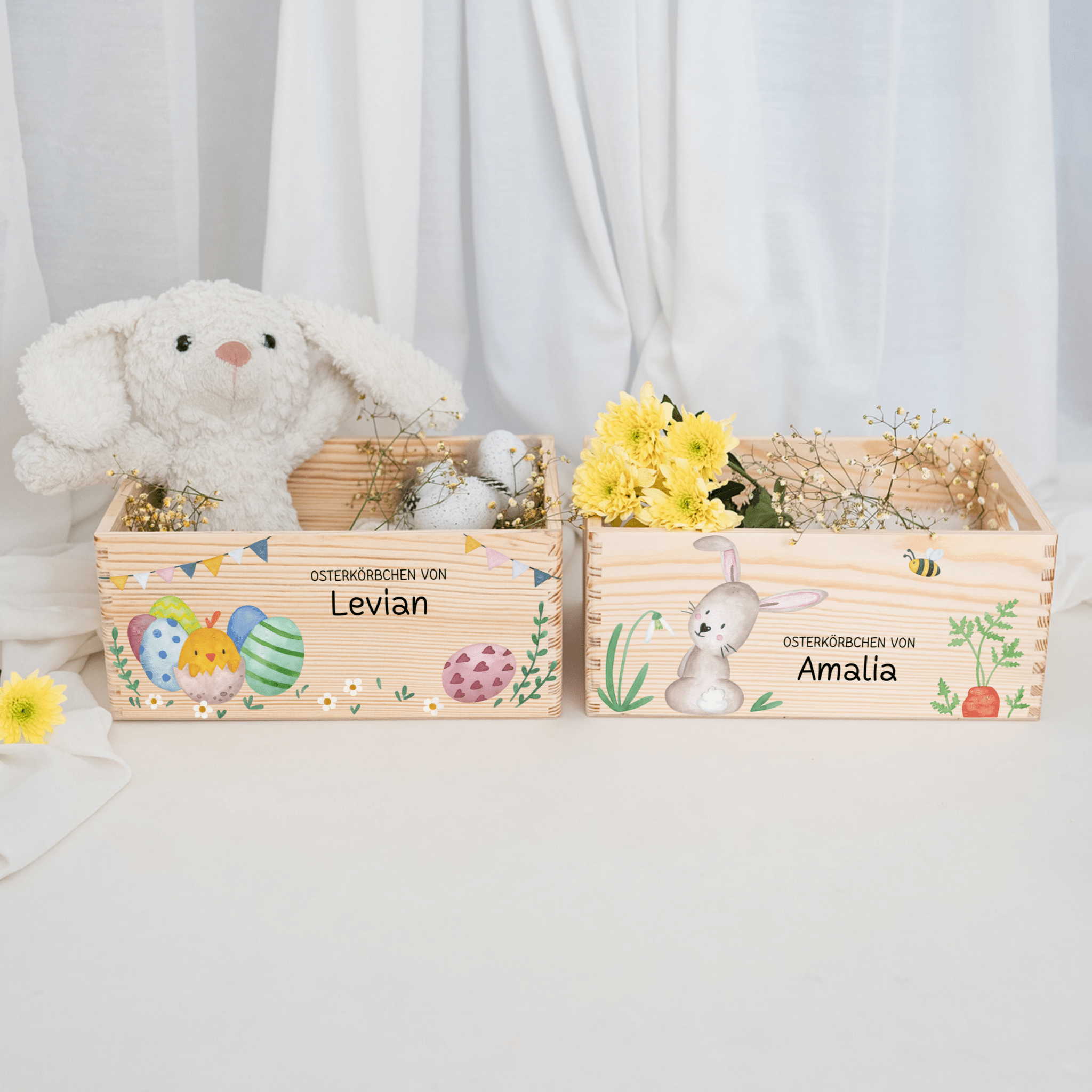Osterkiste Holz personalisiert - Osterhase und Eiersuche Druckschrift Aquarell - wunderwunsch