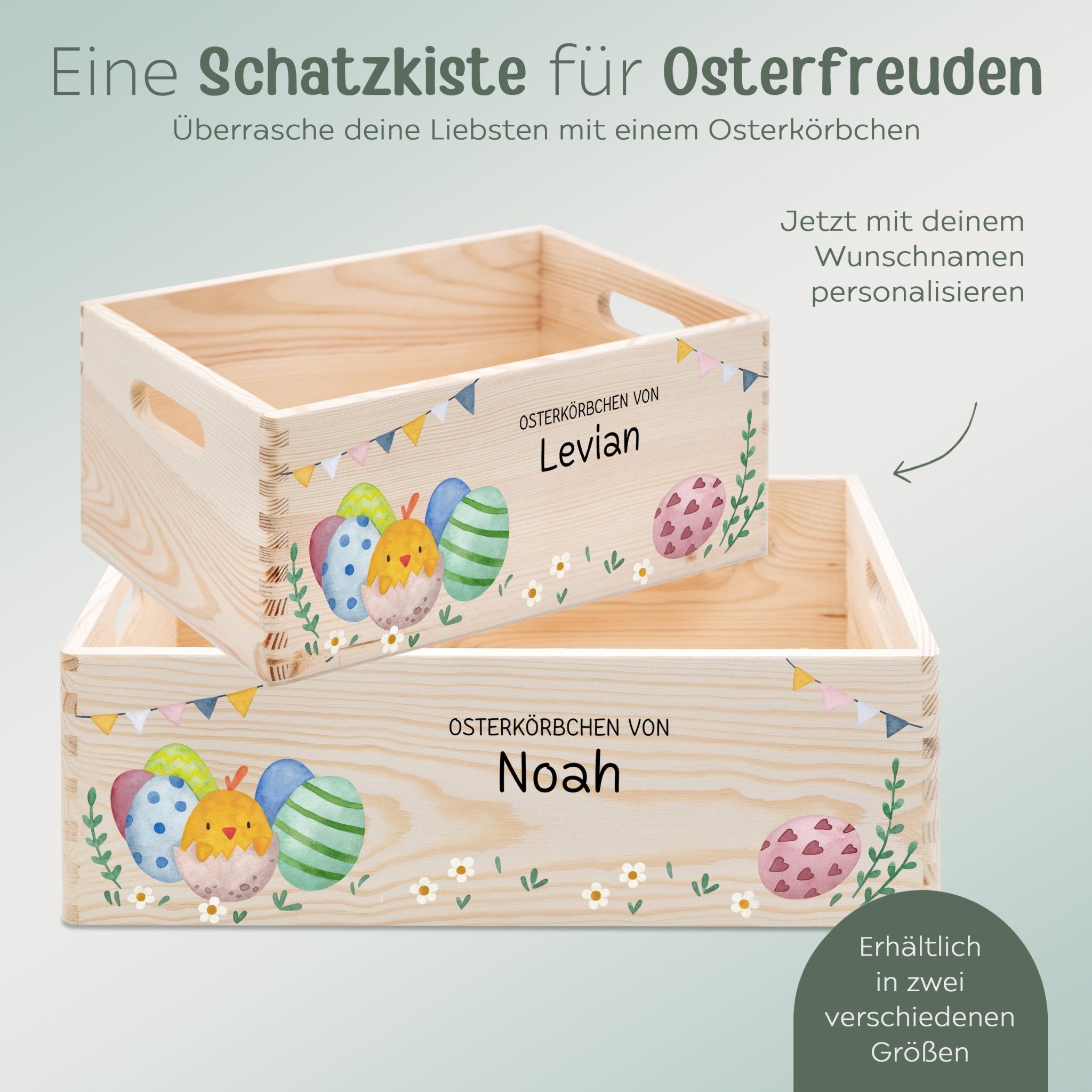 Osterkiste Holz personalisiert - Osterhase und Eiersuche Druckschrift Aquarell - wunderwunsch