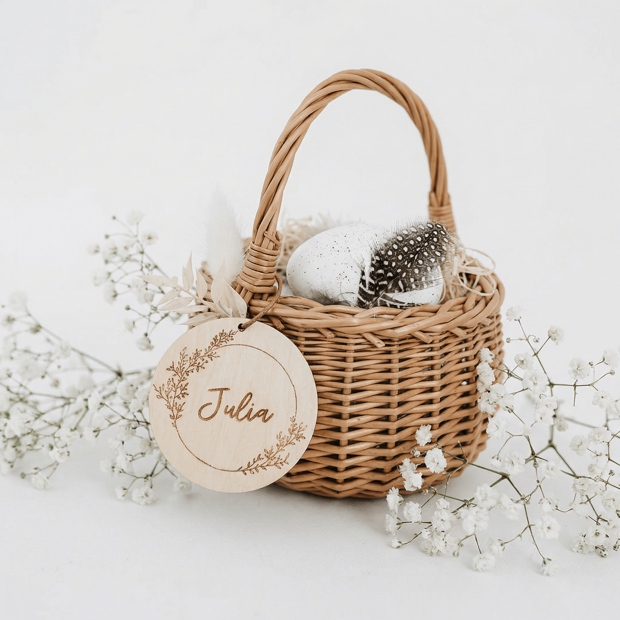 Osterkörbchen Weide mit Anhänger Blumenkranz Gravur - wunderwunsch