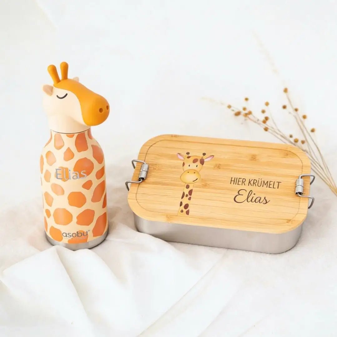 Pausen Bundle - Brotdose + ASOBU Bestie Tier Trinkflasche personalisiert - wunderwunsch