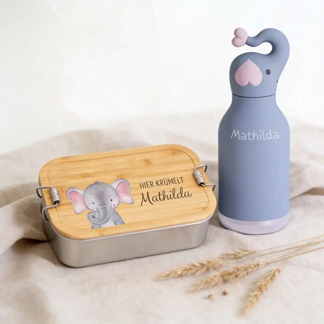 Pausen Bundle - Brotdose + ASOBU Bestie Tier Trinkflasche personalisiert - wunderwunsch