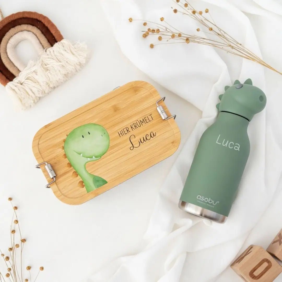 Pausen Bundle - Brotdose + ASOBU Bestie Tier Trinkflasche personalisiert - wunderwunsch