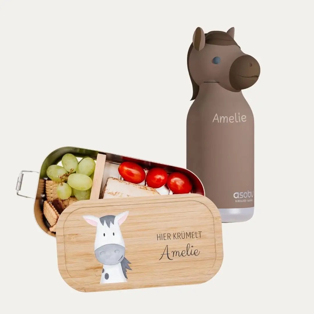 Pausen Bundle - Brotdose + ASOBU Bestie Tier Trinkflasche personalisiert - wunderwunsch