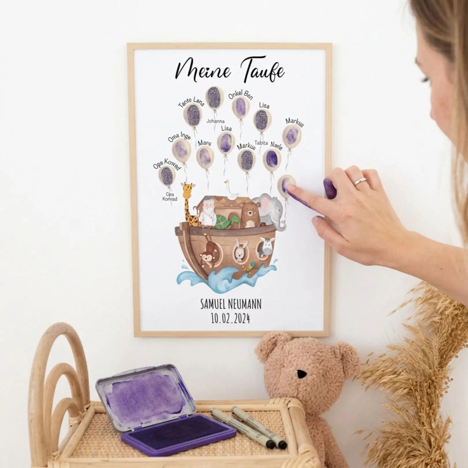Poster Taufe Fingerabdrücke - Arche Noah Tiere Aquarell - wunderwunsch