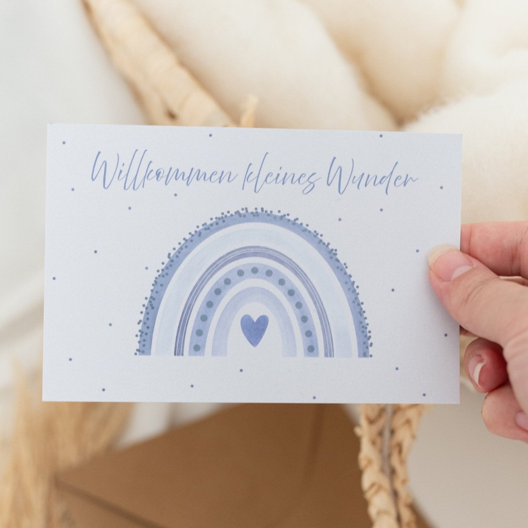 Postkarte "Regenbogen blau" zur Geburt - wunderwunsch