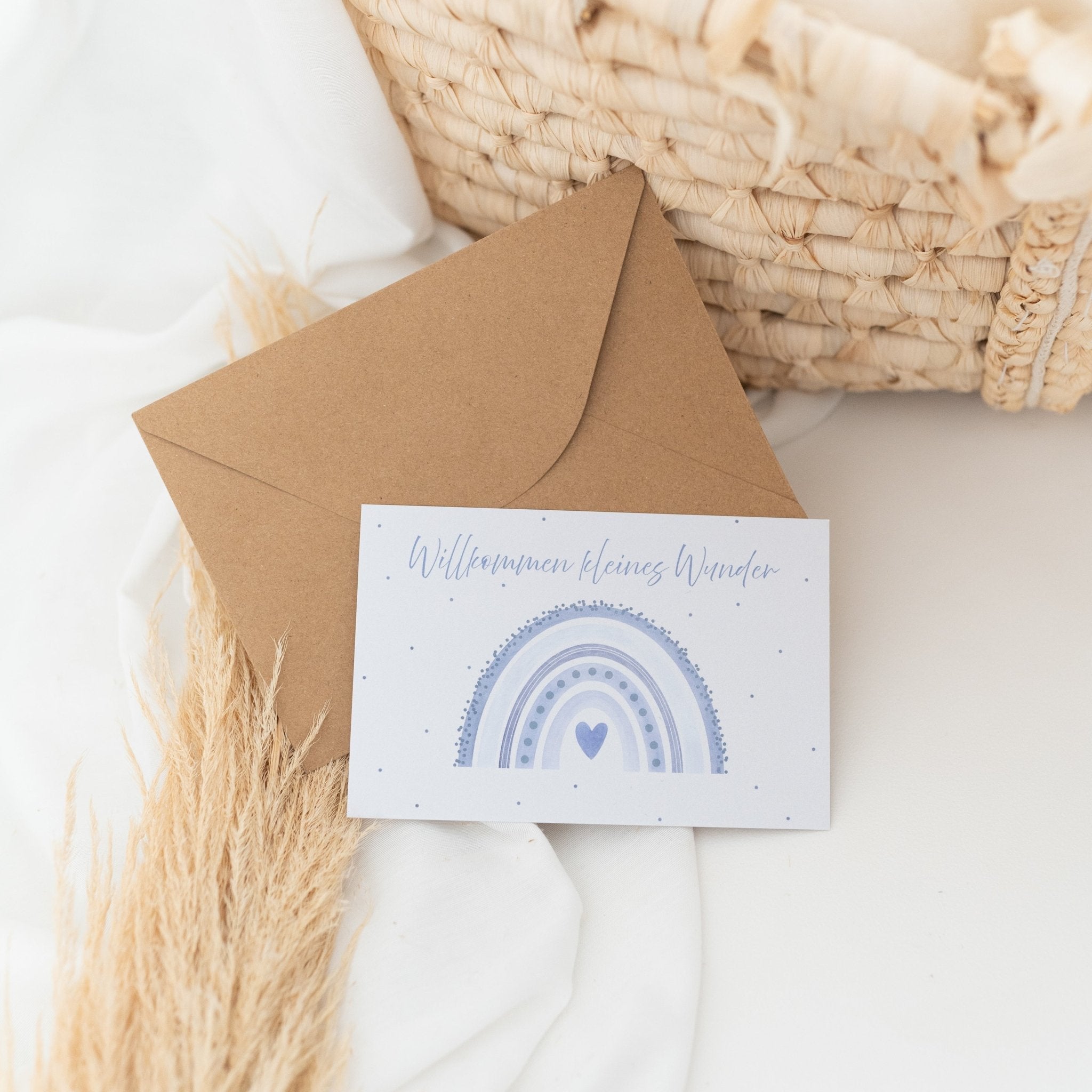 Postkarte "Regenbogen blau" zur Geburt - wunderwunsch