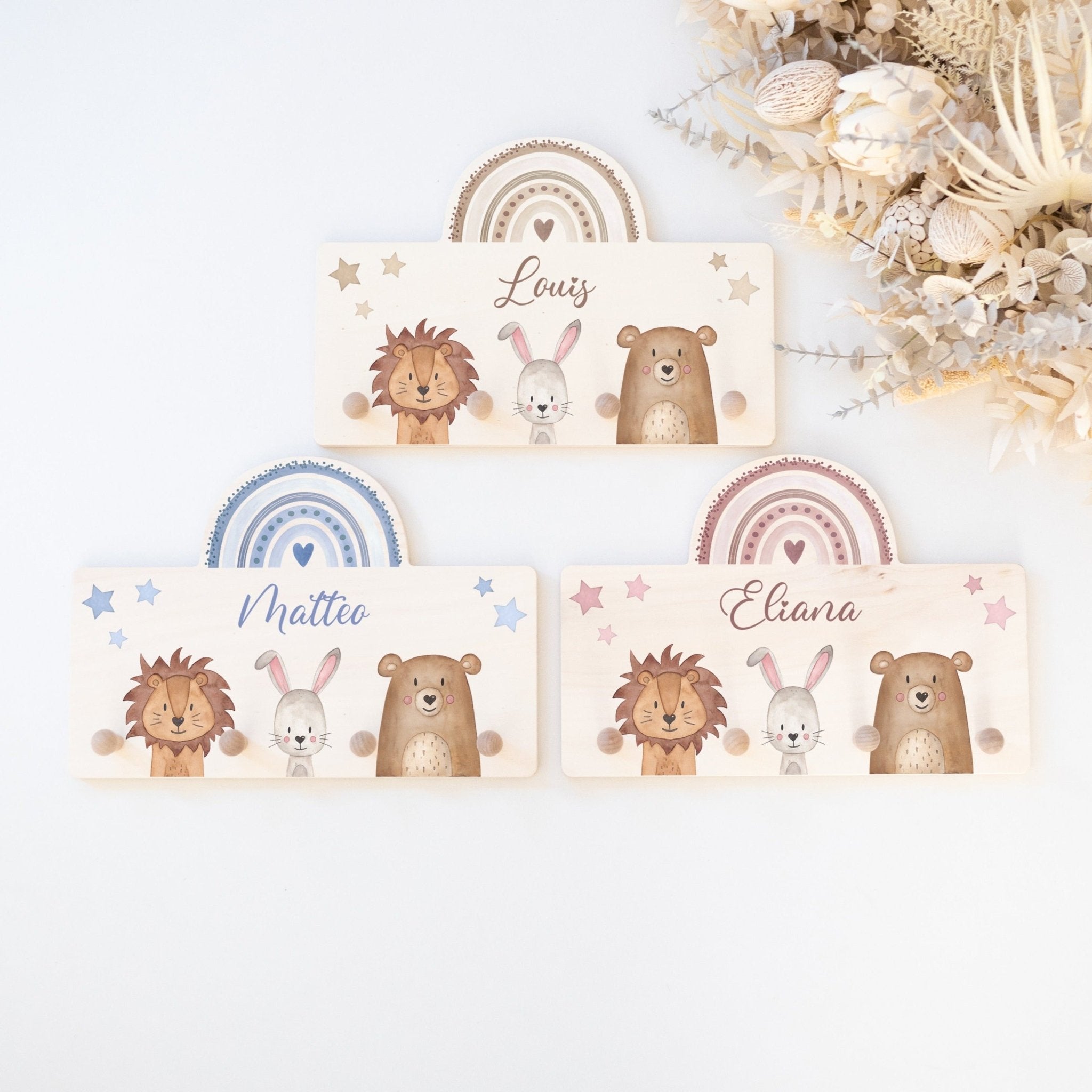 Regenbogen Kindergarderobe personalisiert - Tiere Regenbogen Aquarell - wunderwunsch