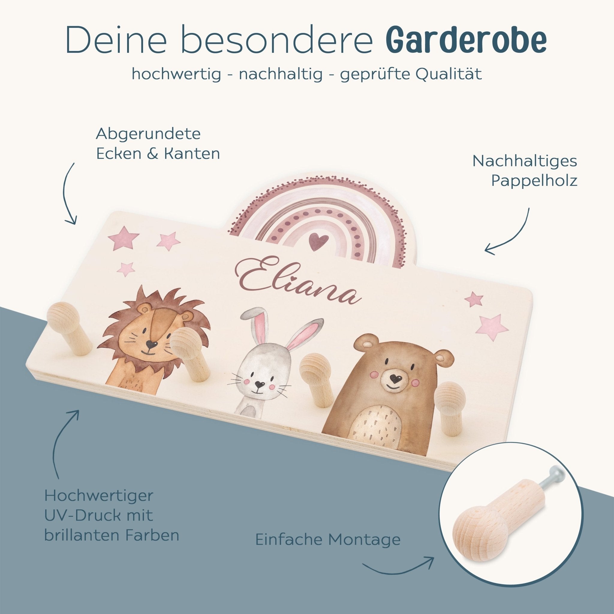 Regenbogen Kindergarderobe personalisiert - Tiere Regenbogen Aquarell - wunderwunsch