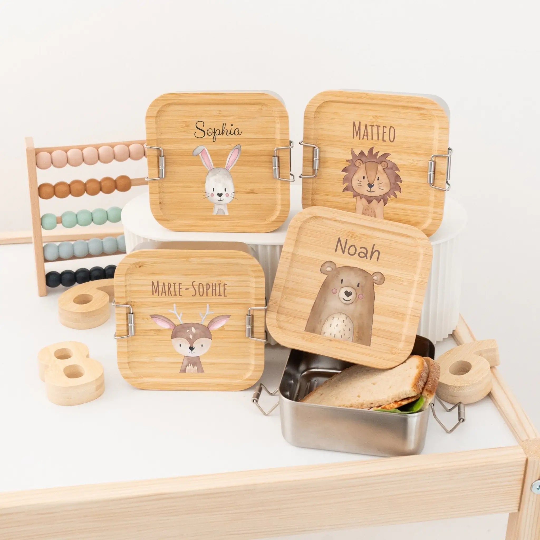 Sandwichbox Quadratische Brotdose Edelstahl personalisiert - Tier Aquarell - wunderwunsch