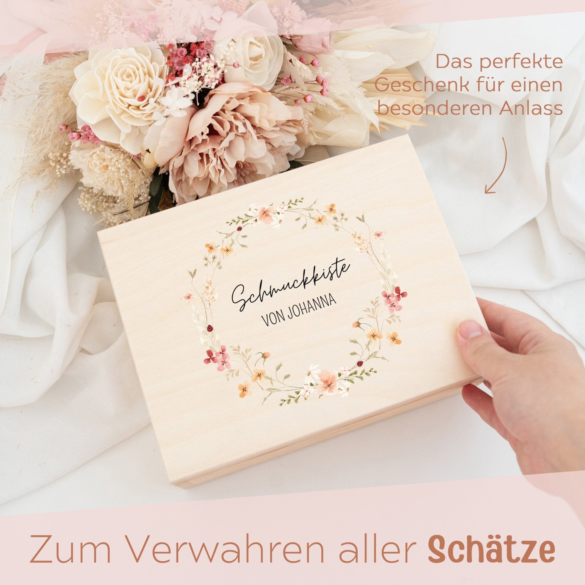 Schmuckkiste mit Spiegel aus Holz - Blumenkranz Aquarell - wunderwunsch