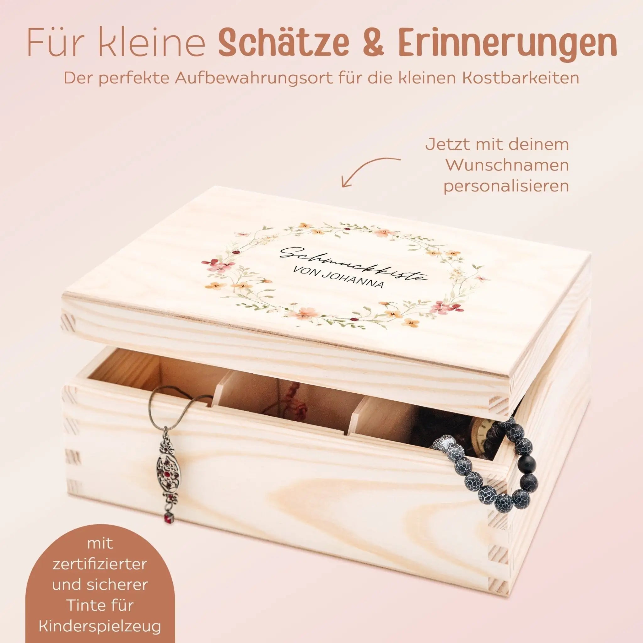 Schmuckkiste mit Spiegel aus Holz - Blumenkranz Aquarell - wunderwunsch