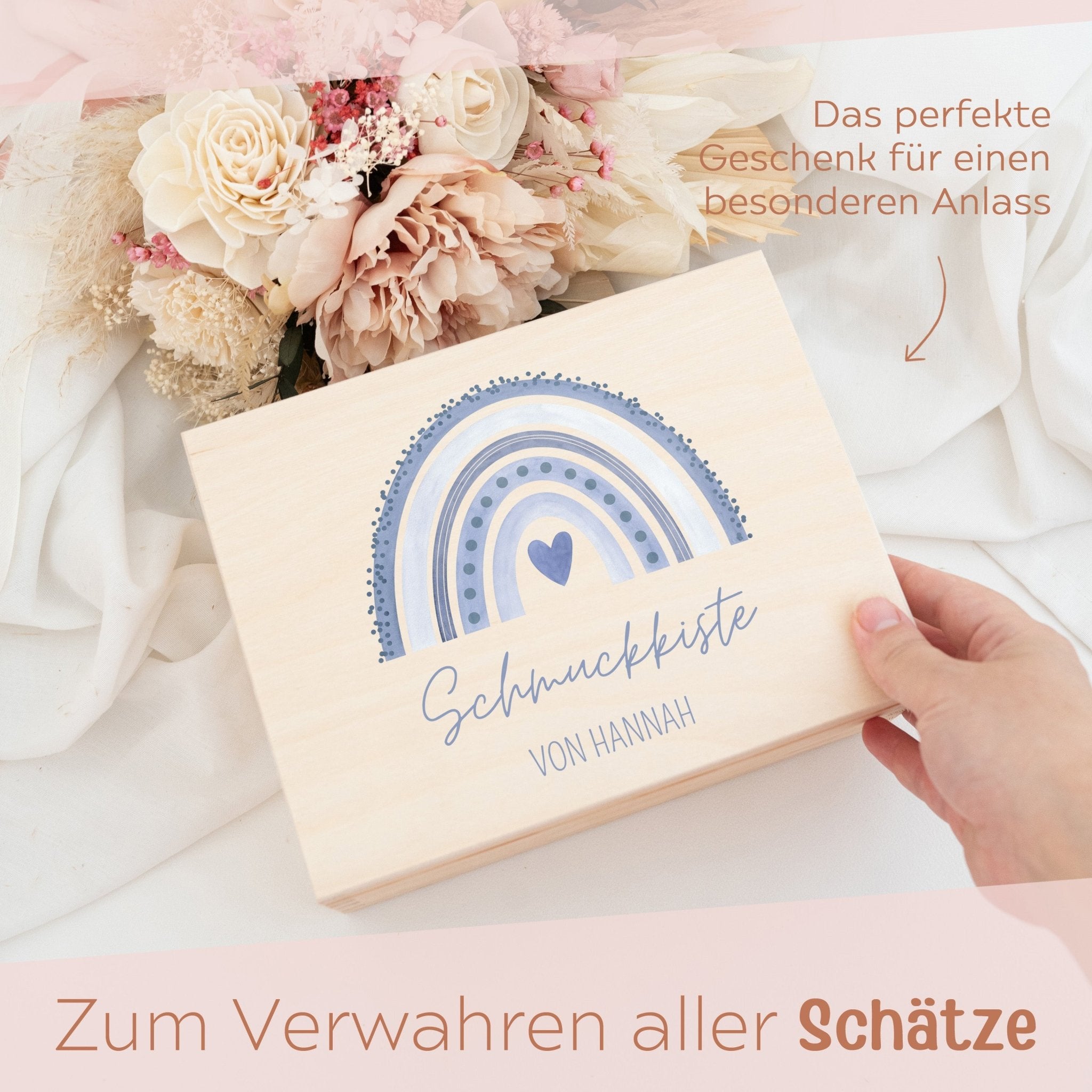 Schmuckkiste mit Spiegel aus Holz - Regenbogen Aquarell - wunderwunsch