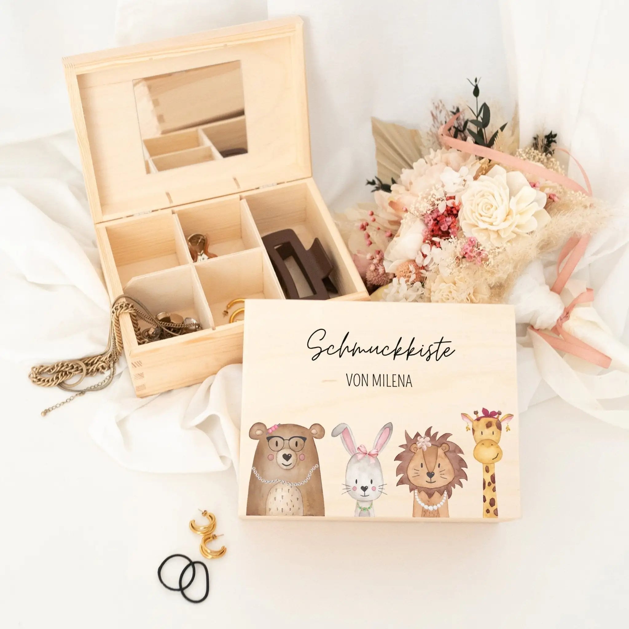 Schmuckkiste mit Spiegel aus Holz - Tiere mit Schmuck Aquarell - wunderwunsch