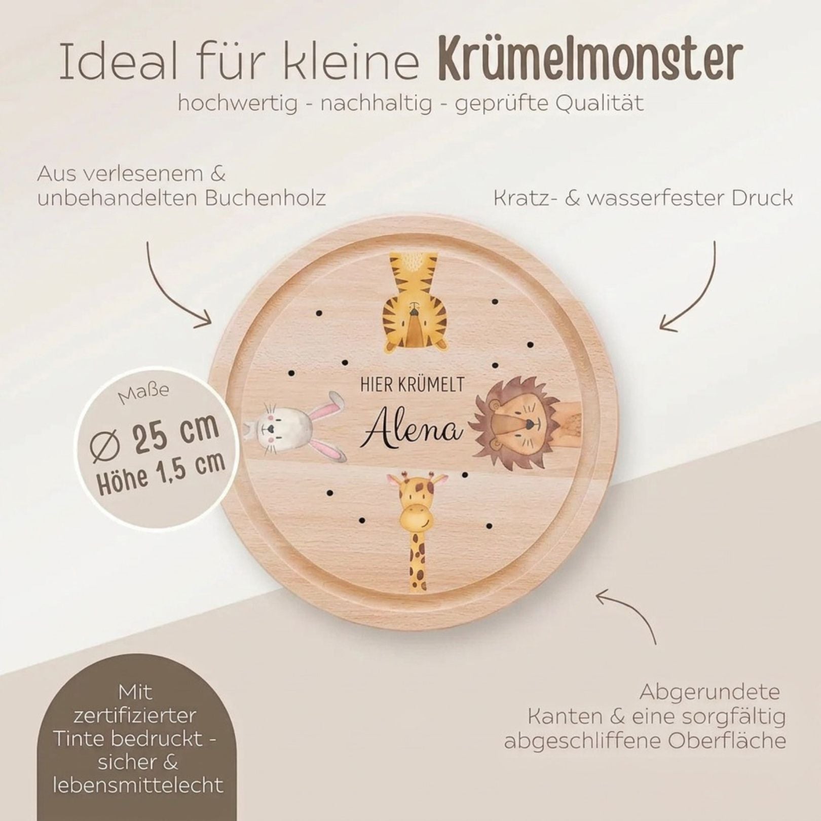 Schneidebrett Holz rund personalisiert - Tiere Kreis Aquarell - wunderwunsch