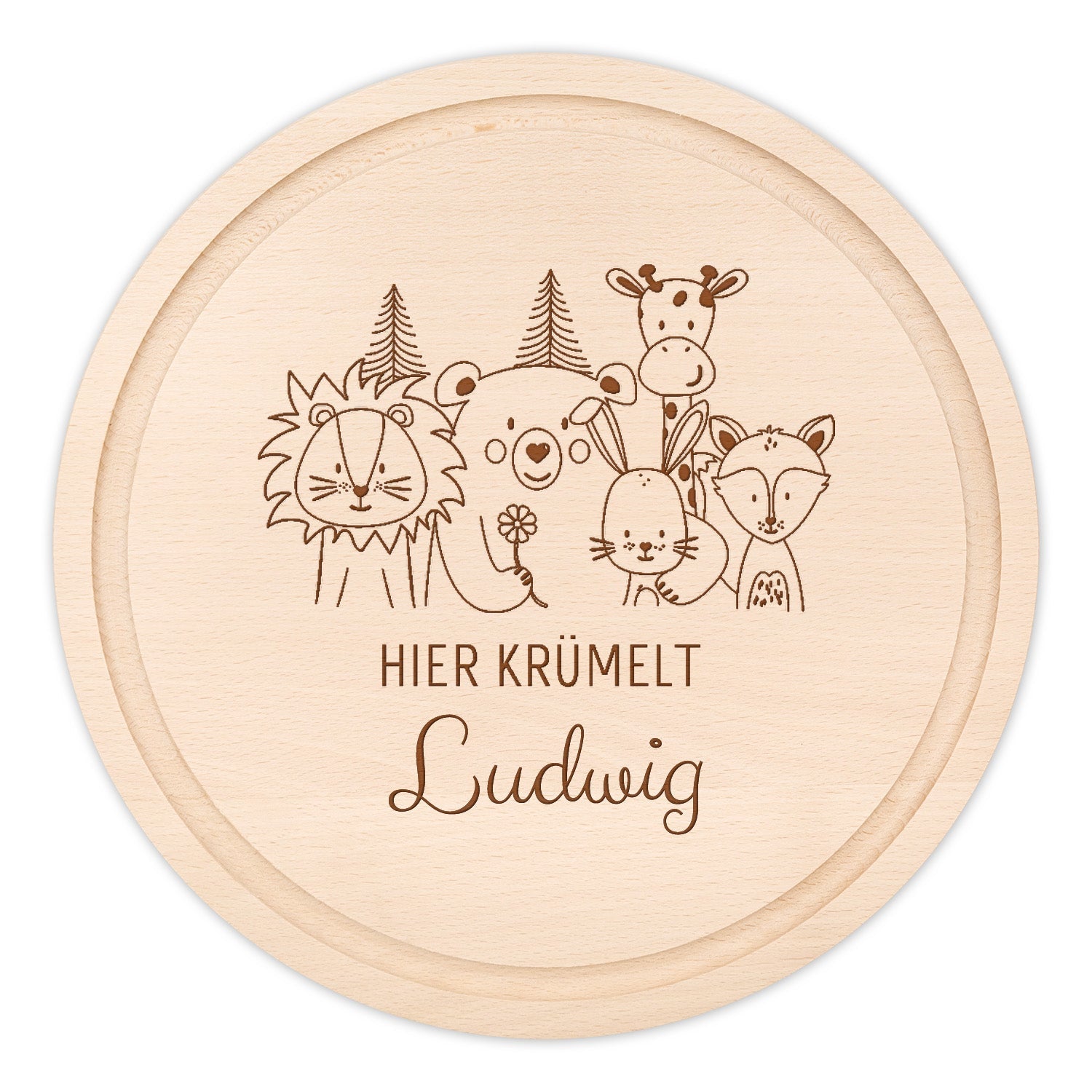 Schneidebrett Holz rund personalisiert - Tierfamilie Blume Gravur - wunderwunsch
