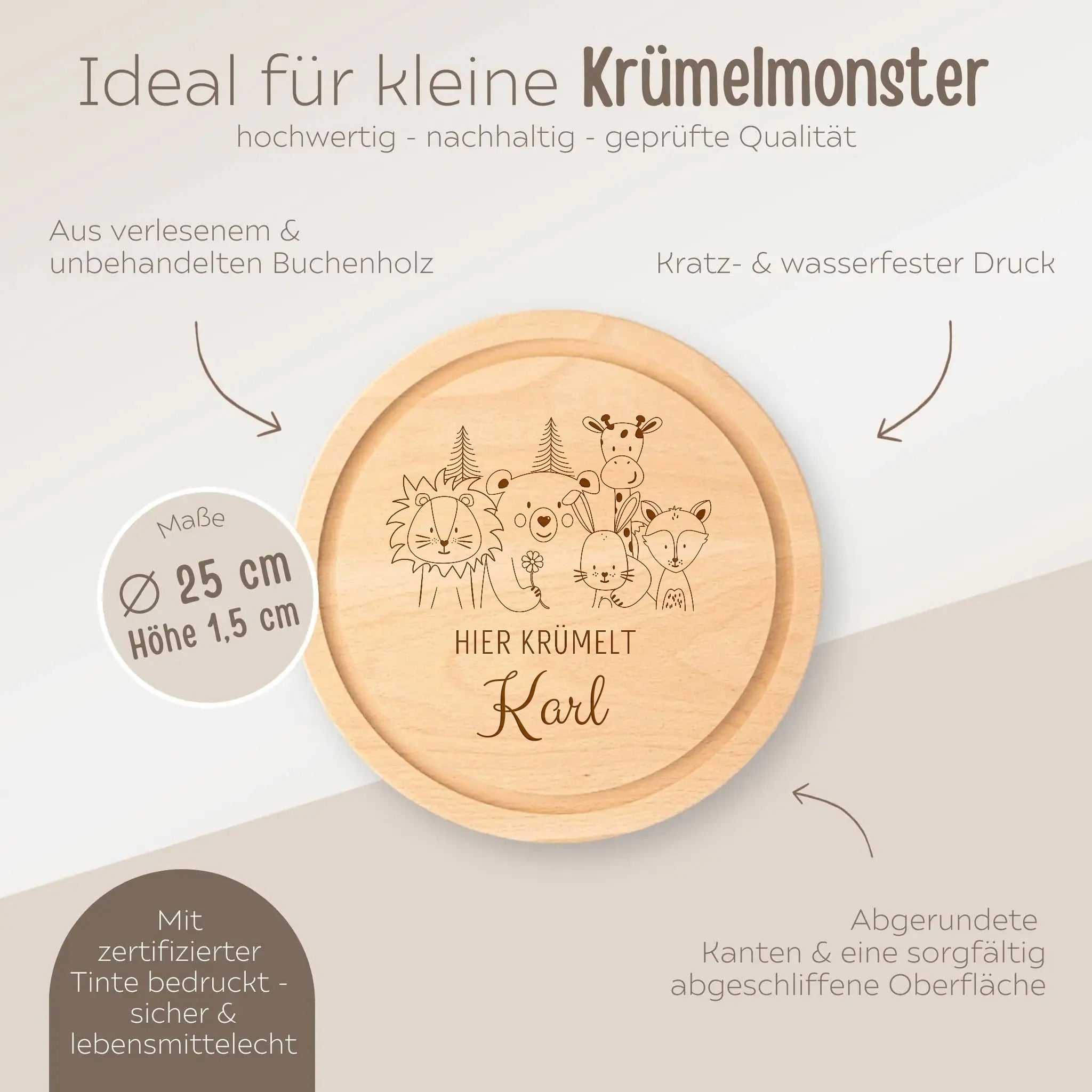Schneidebrett Holz rund personalisiert - Tierfamilie Blume Gravur - wunderwunsch